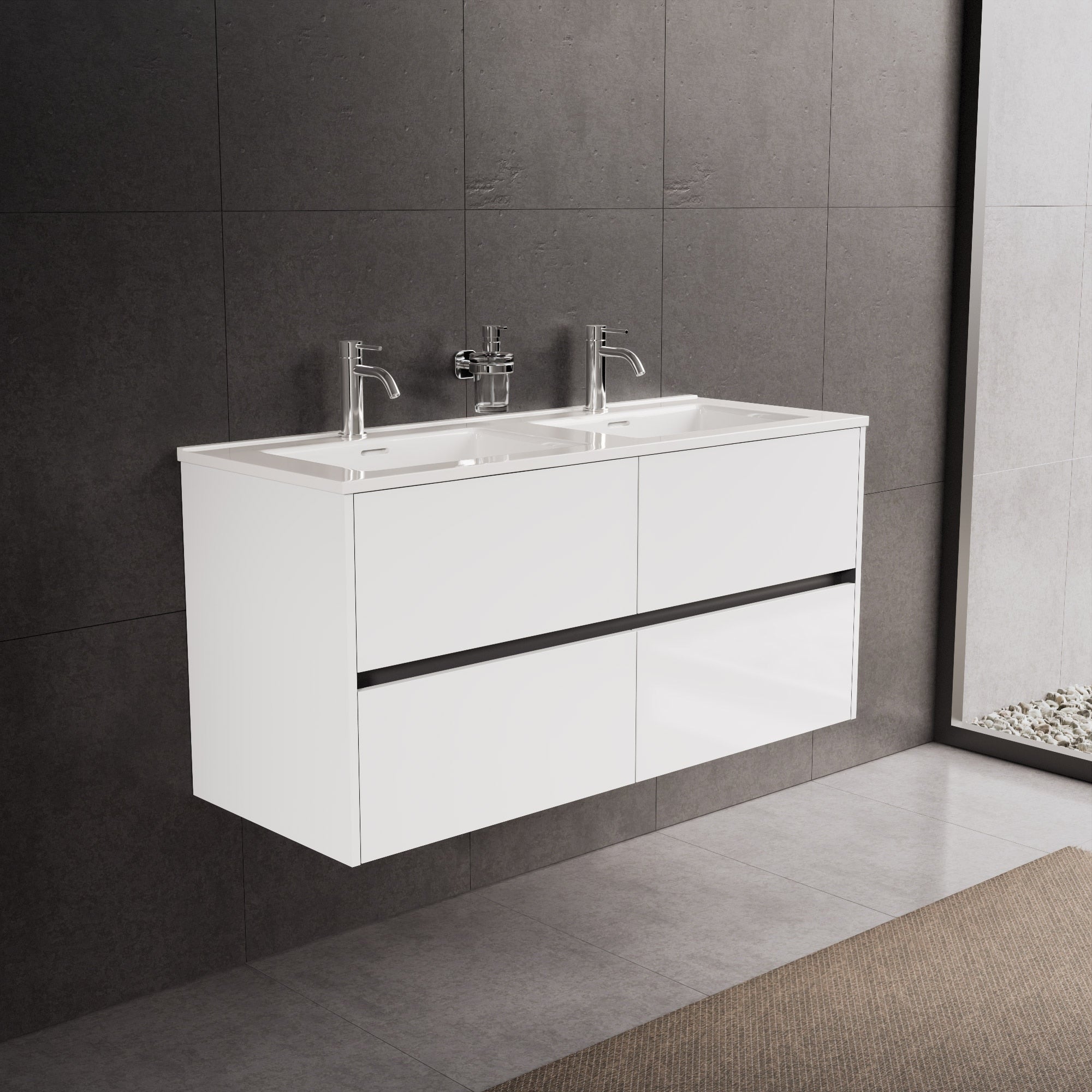 Inda - Mobile bagno L.120 con doppio lavabo lucido / Bianco lucido 4 cassetti - Diamante