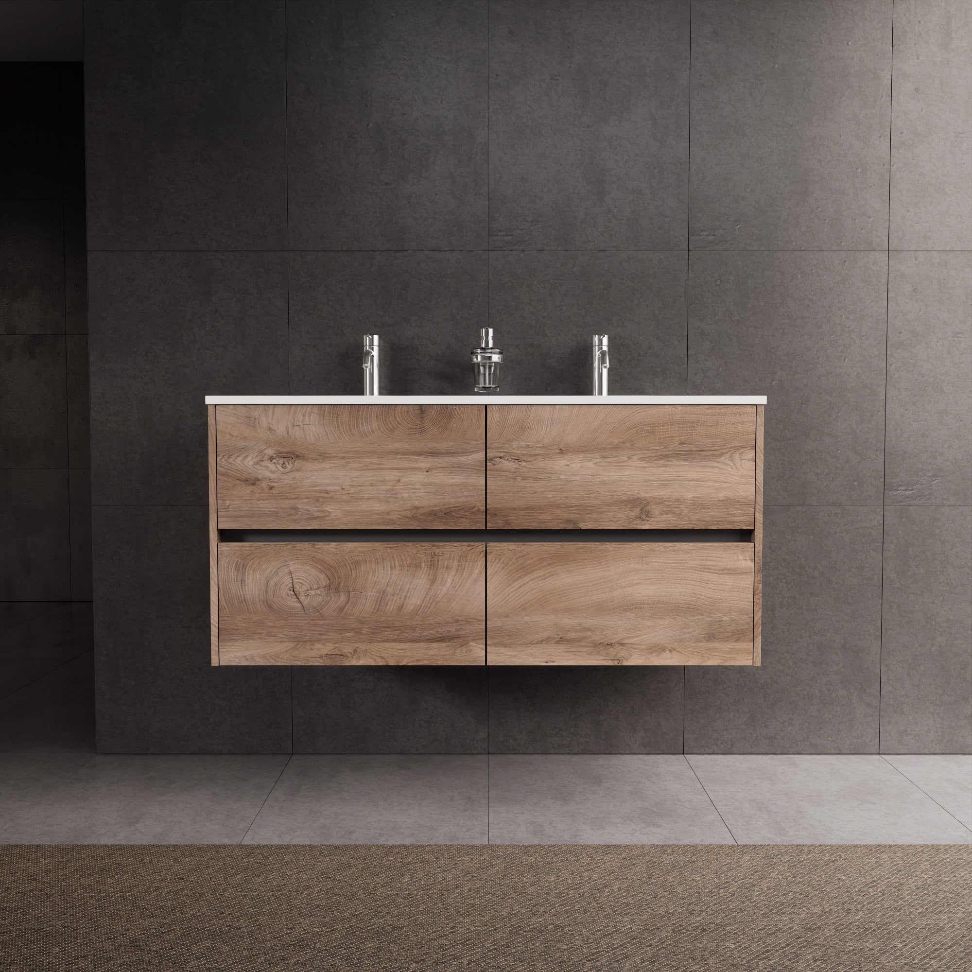 Inda - Mobile bagno L.120 con doppio lavabo lucido / Rovere naturale 4 cassetti - Diamante
