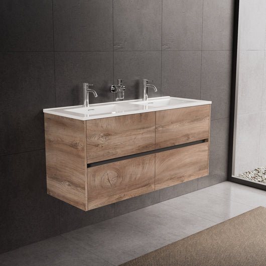 Inda - Mobile bagno L.120 con doppio lavabo lucido / Rovere naturale 4 cassetti - Diamante
