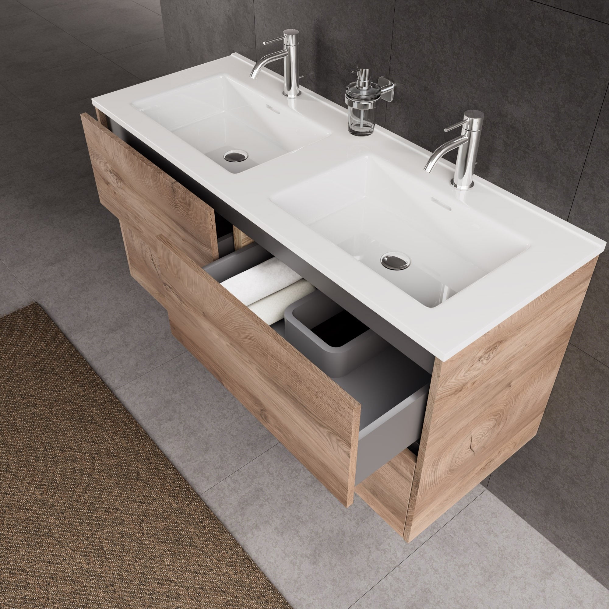 Inda - Mobile bagno L.120 con doppio lavabo lucido / Rovere naturale 4 cassetti - Diamante