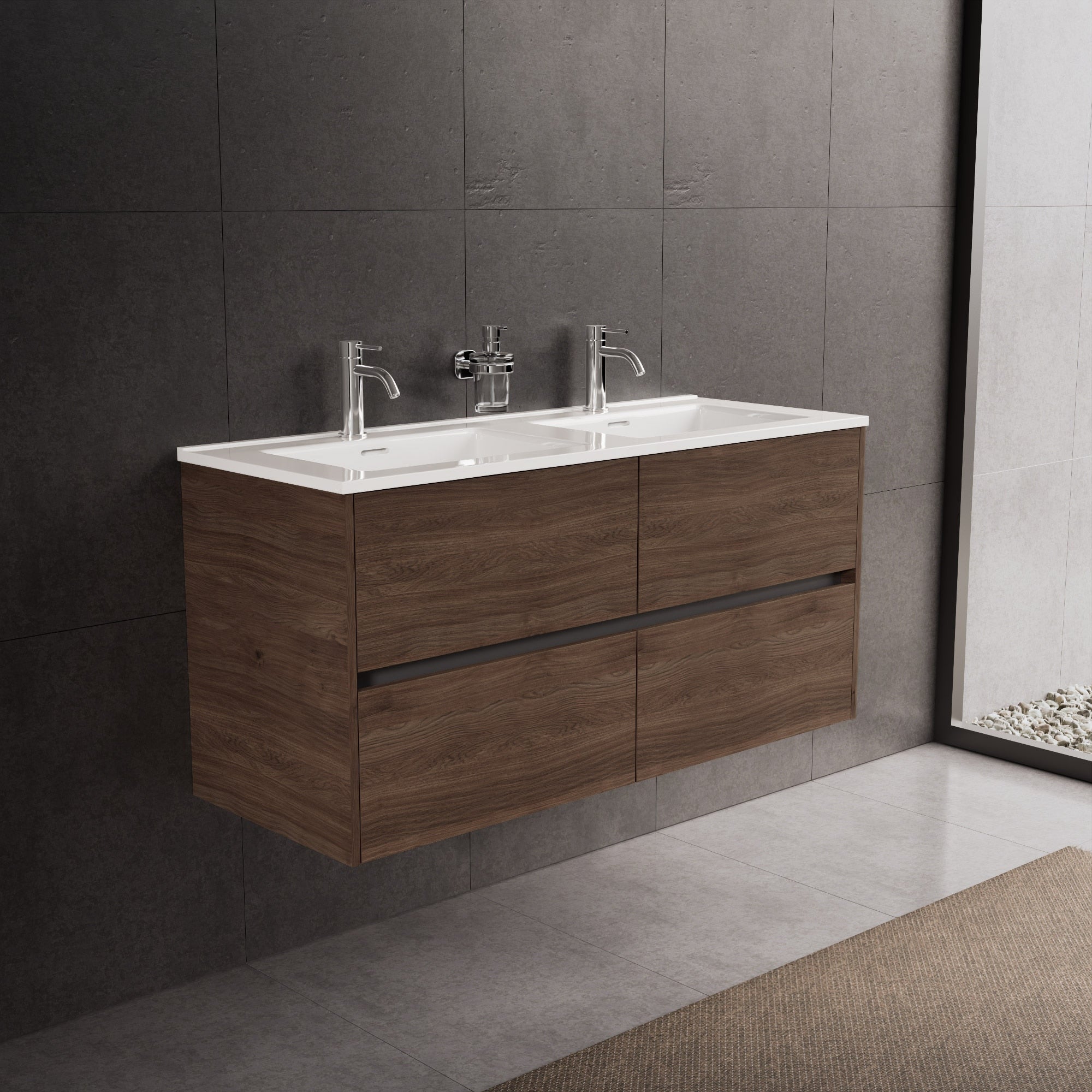 Inda - Mobile bagno L.120 con doppio lavabo lucido / Rovere castano 4 cassetti - Diamante
