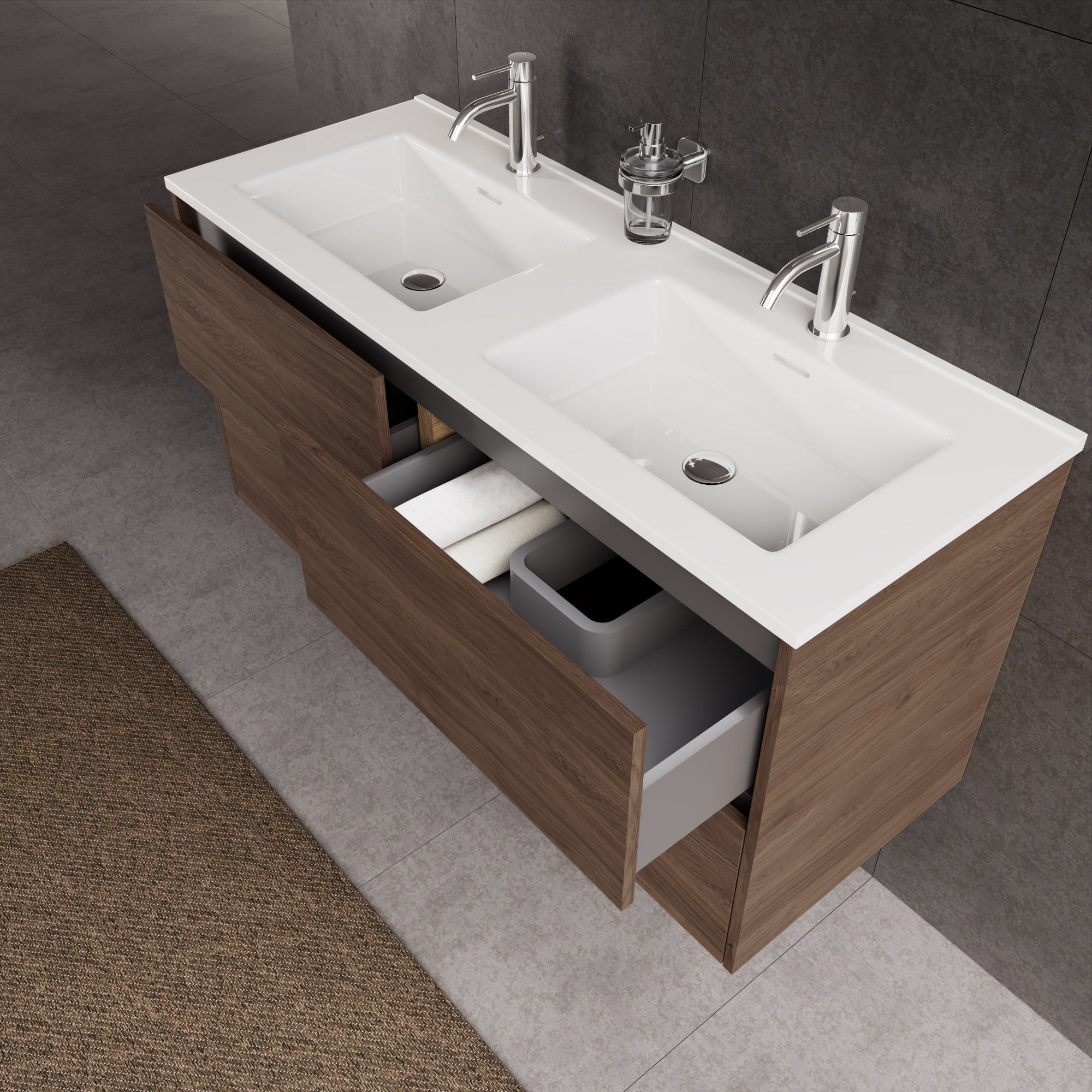 Inda - Mobile bagno L.120 con doppio lavabo lucido / Rovere castano 4 cassetti - Diamante