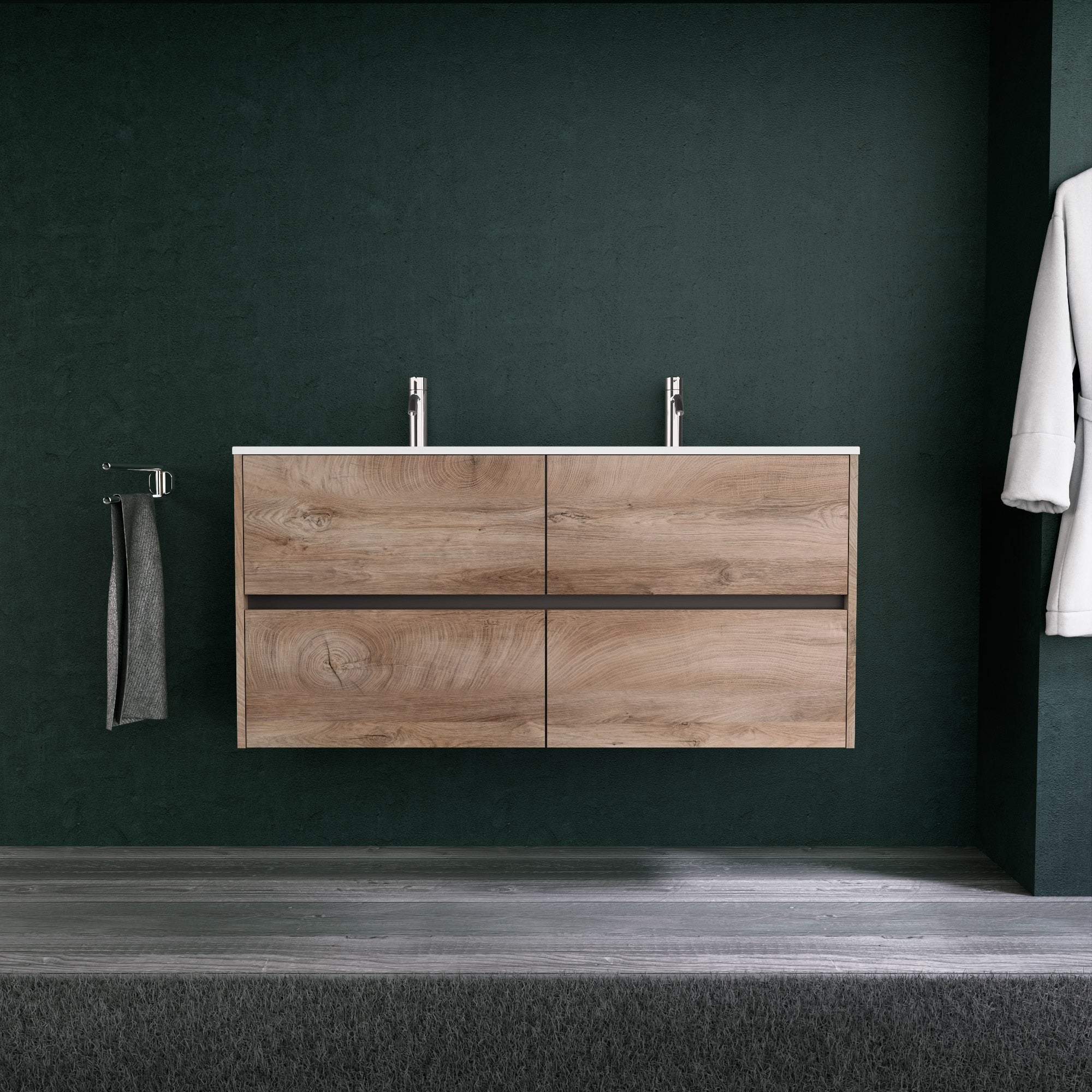 Inda - Mobile bagno L.120 con doppio lavabo opaco / Rovere naturale 4 cassetti - Diamante