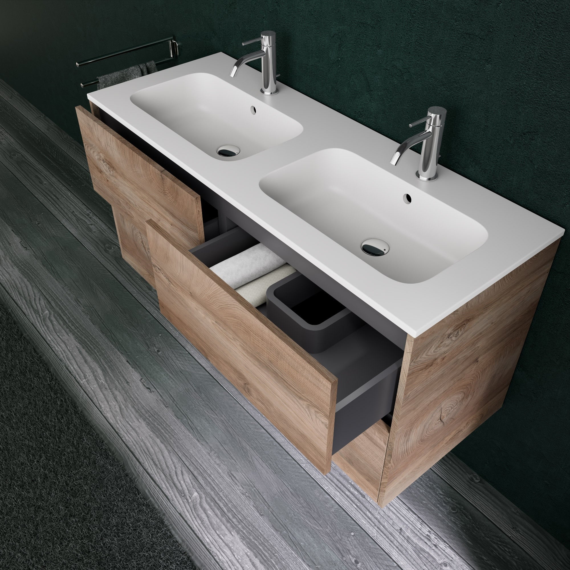 Inda - Mobile bagno L.120 con doppio lavabo opaco / Rovere naturale 4 cassetti - Diamante
