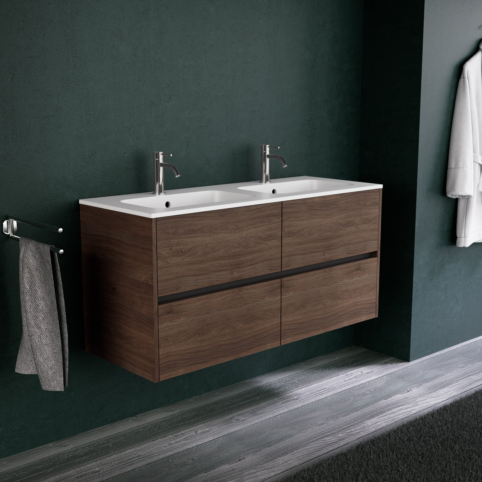 Inda - Mobile bagno L.120 con doppio lavabo opaco / Rovere castano 4 cassetti - Diamante
