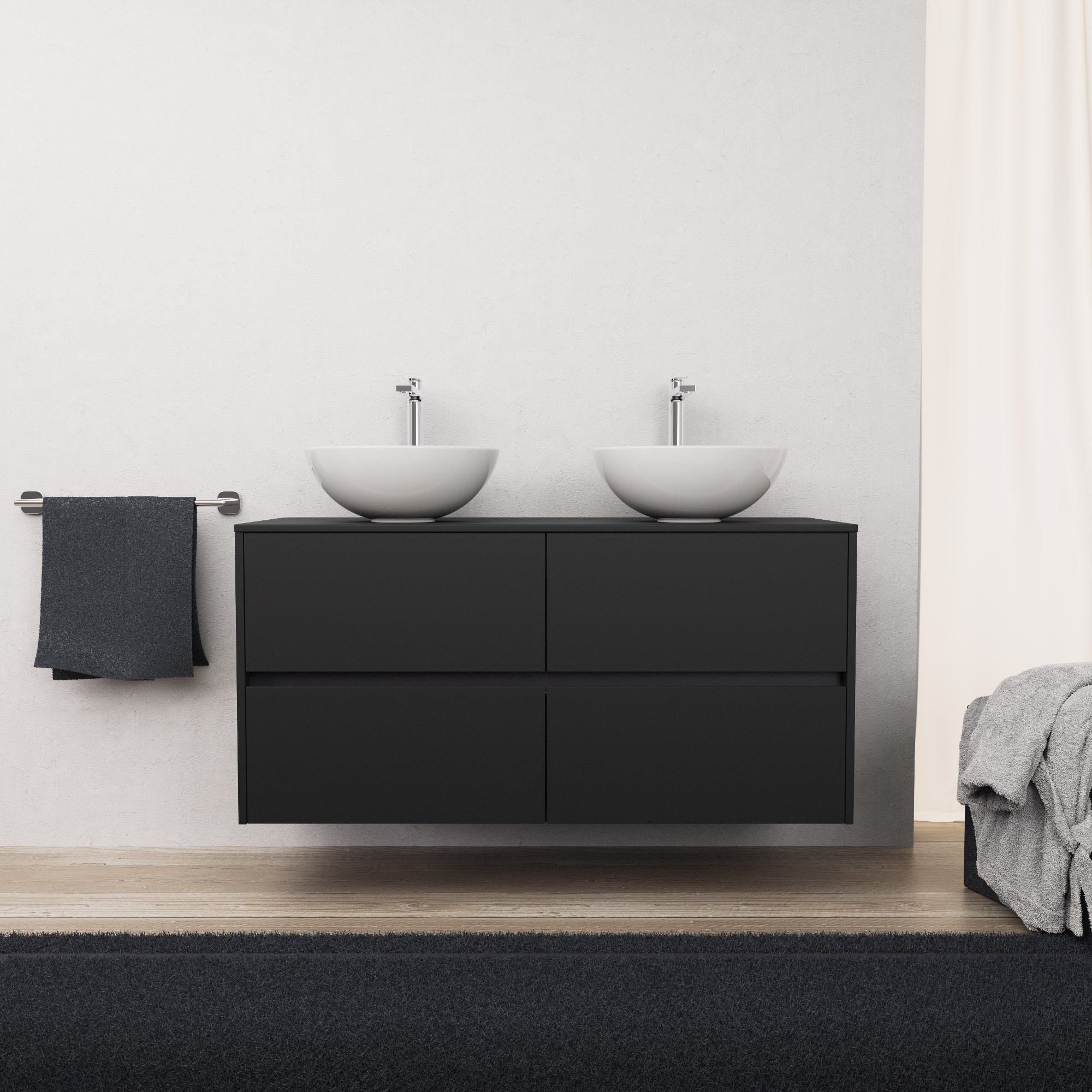 Inda - Mobile bagno L.120 con doppio lavabo in appoggio / Nero opaco 4 cassetti - Diamante