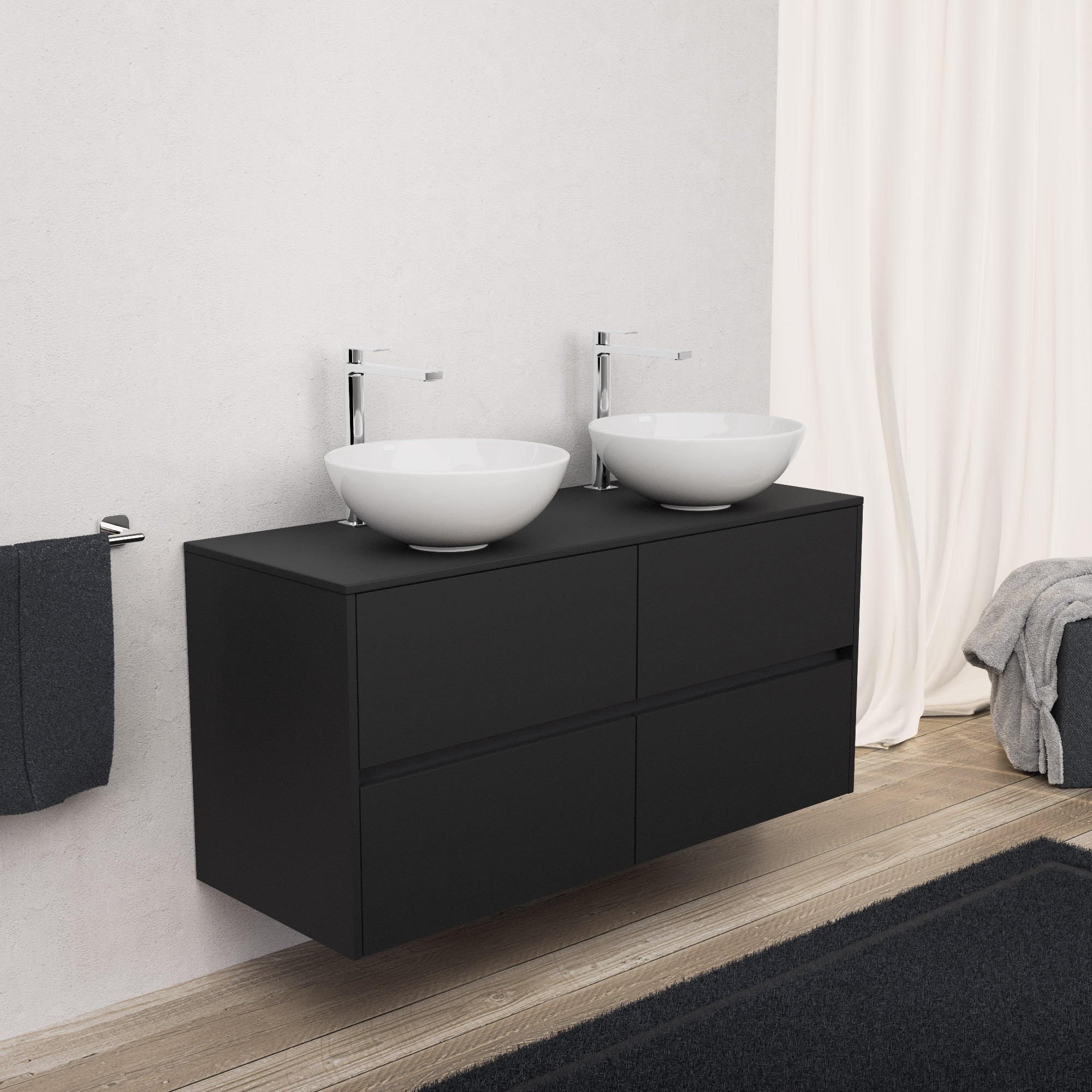 Inda - Mobile bagno L.120 con doppio lavabo in appoggio / Nero opaco 4 cassetti - Diamante