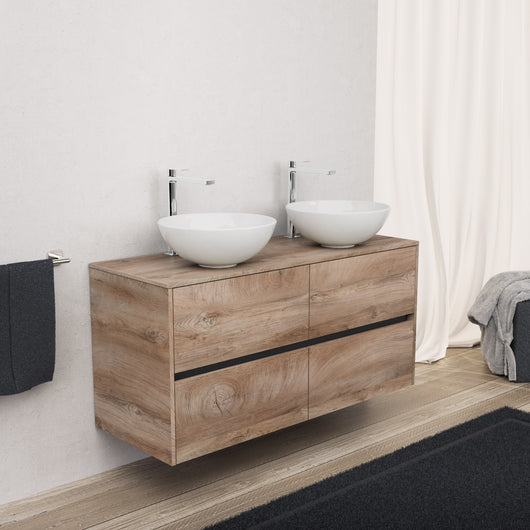 Inda - Mobile bagno L.120 con doppio lavabo in appoggio / Rovere naturale 4 cassetti - Diamante