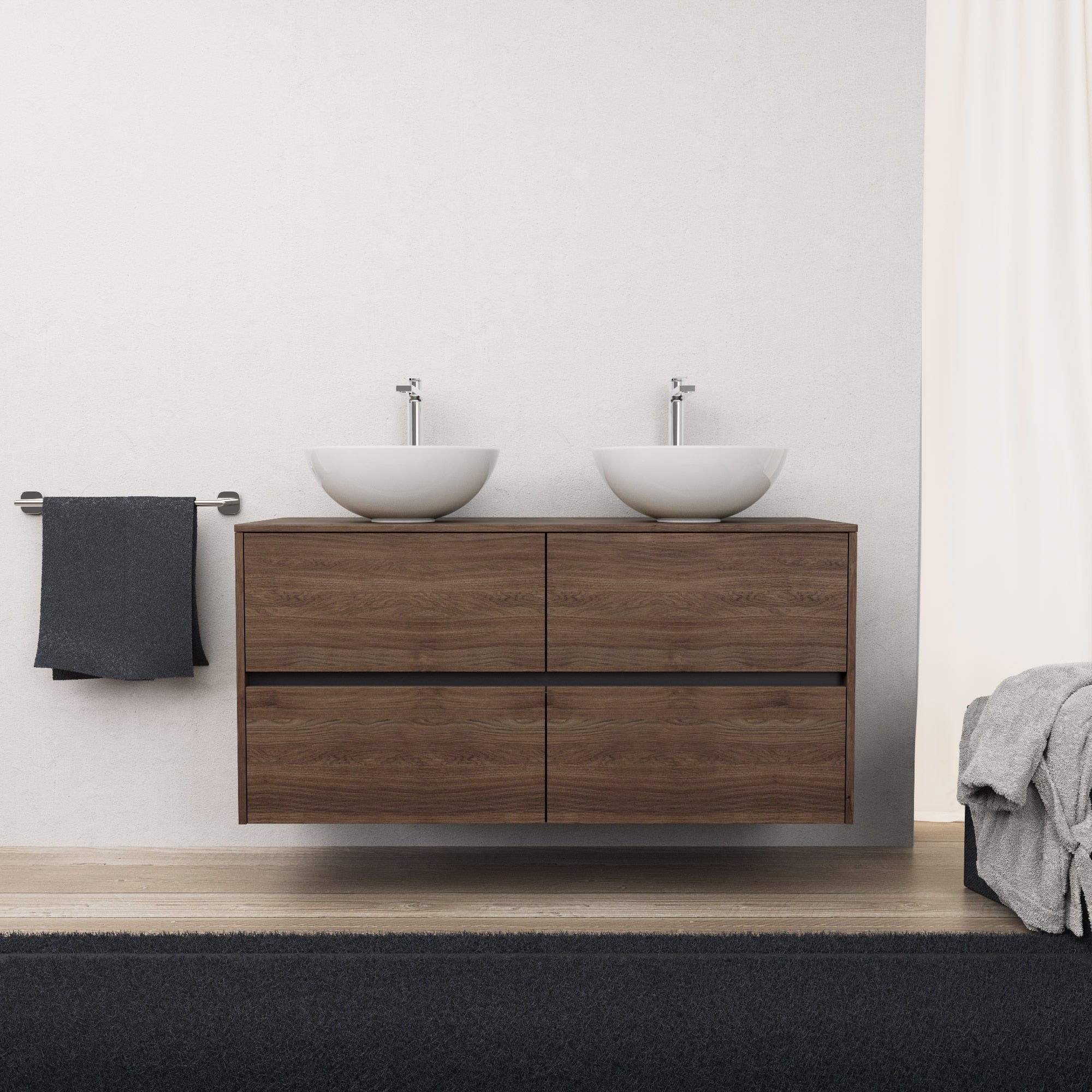 Inda - Mobile bagno L.120 con doppio lavabo in appoggio / Rovere castano 4 cassetti - Diamante