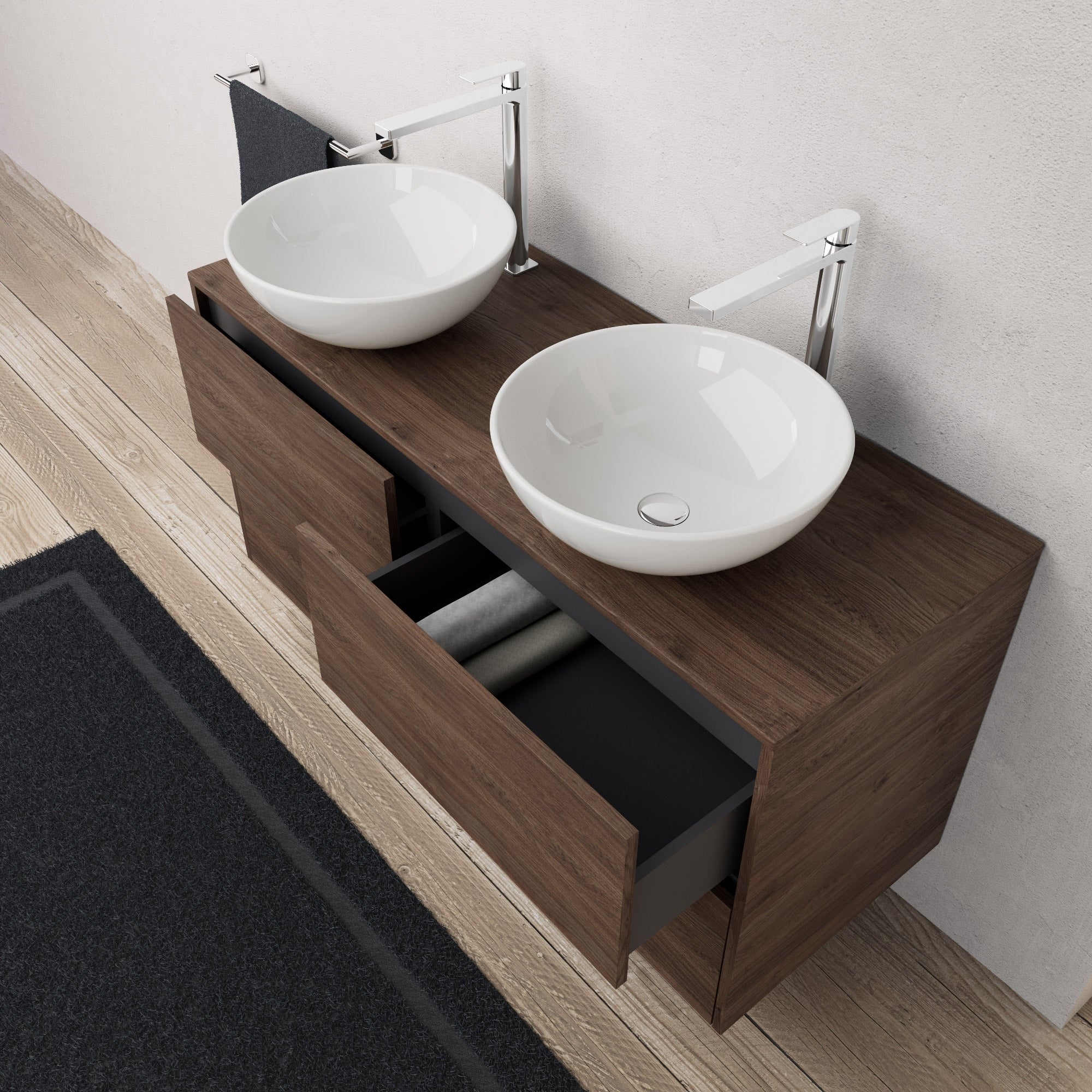 Inda - Mobile bagno L.120 con doppio lavabo in appoggio / Rovere castano 4 cassetti - Diamante