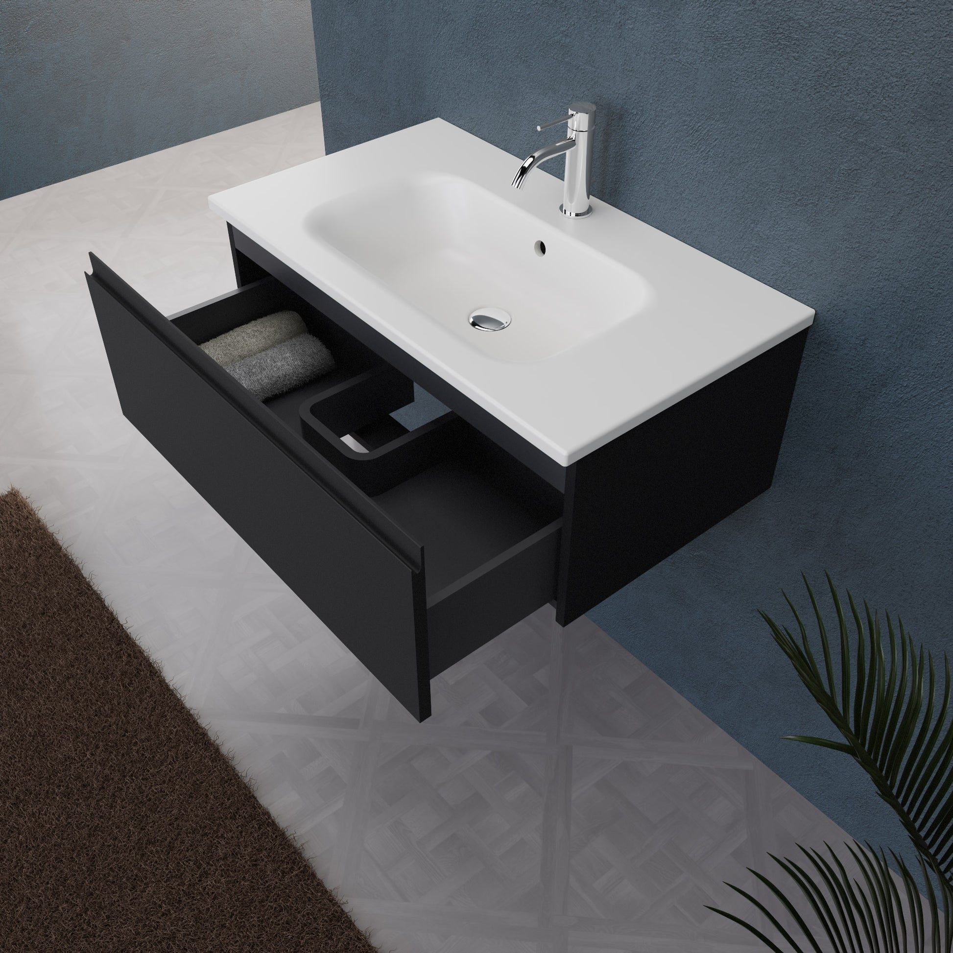 Inda - Mobile bagno L.80 con lavabo opaco / Nero opaco 1 cassetto - Rubino