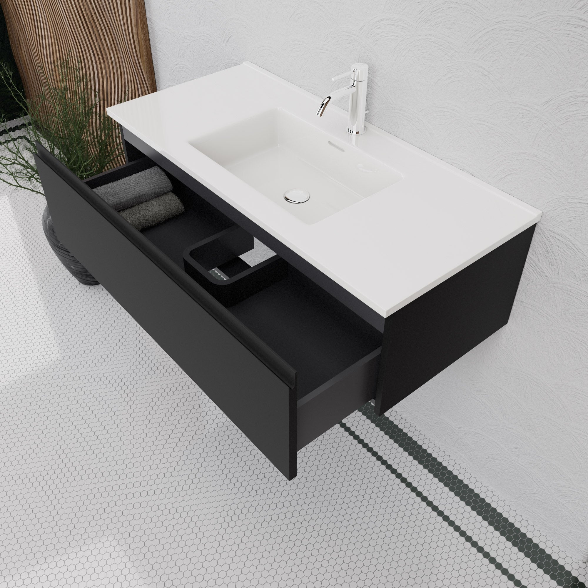 Inda - Mobile bagno L.100 con lavabo lucido / Nero opaco 1 cassetto - Rubino