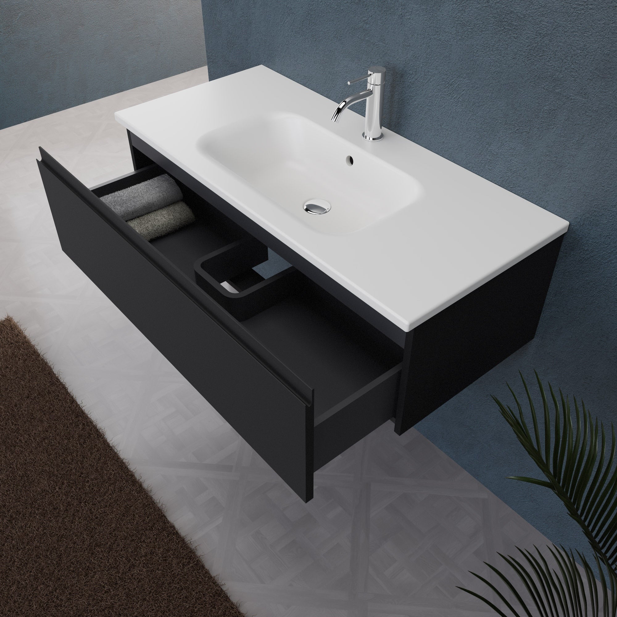 Inda - Mobile bagno L.100 con lavabo opaco / Nero opaco 1 cassetto - Rubino