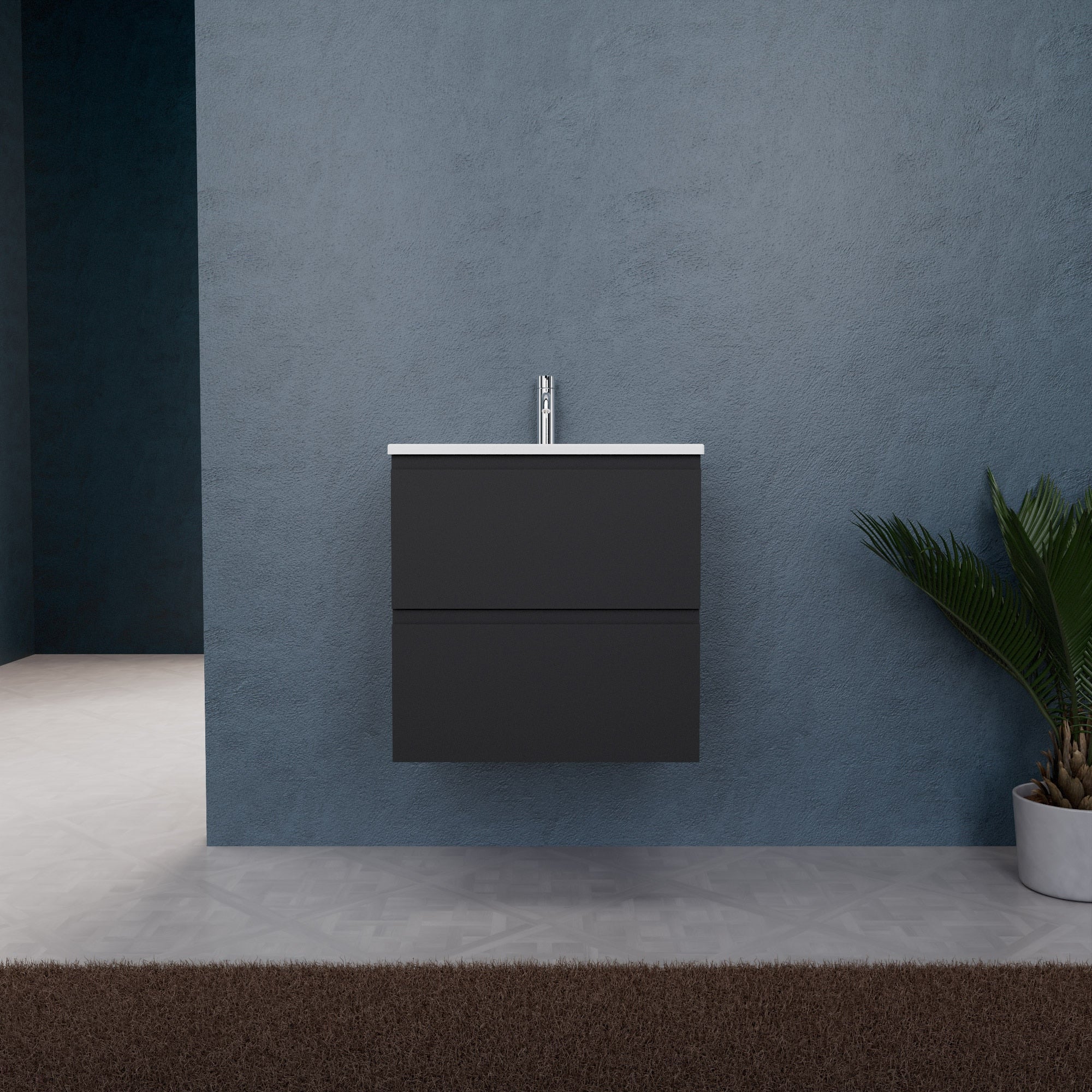 Inda - Mobile bagno L.60 con lavabo opaco / Nero opaco 2 cassetti - Rubino