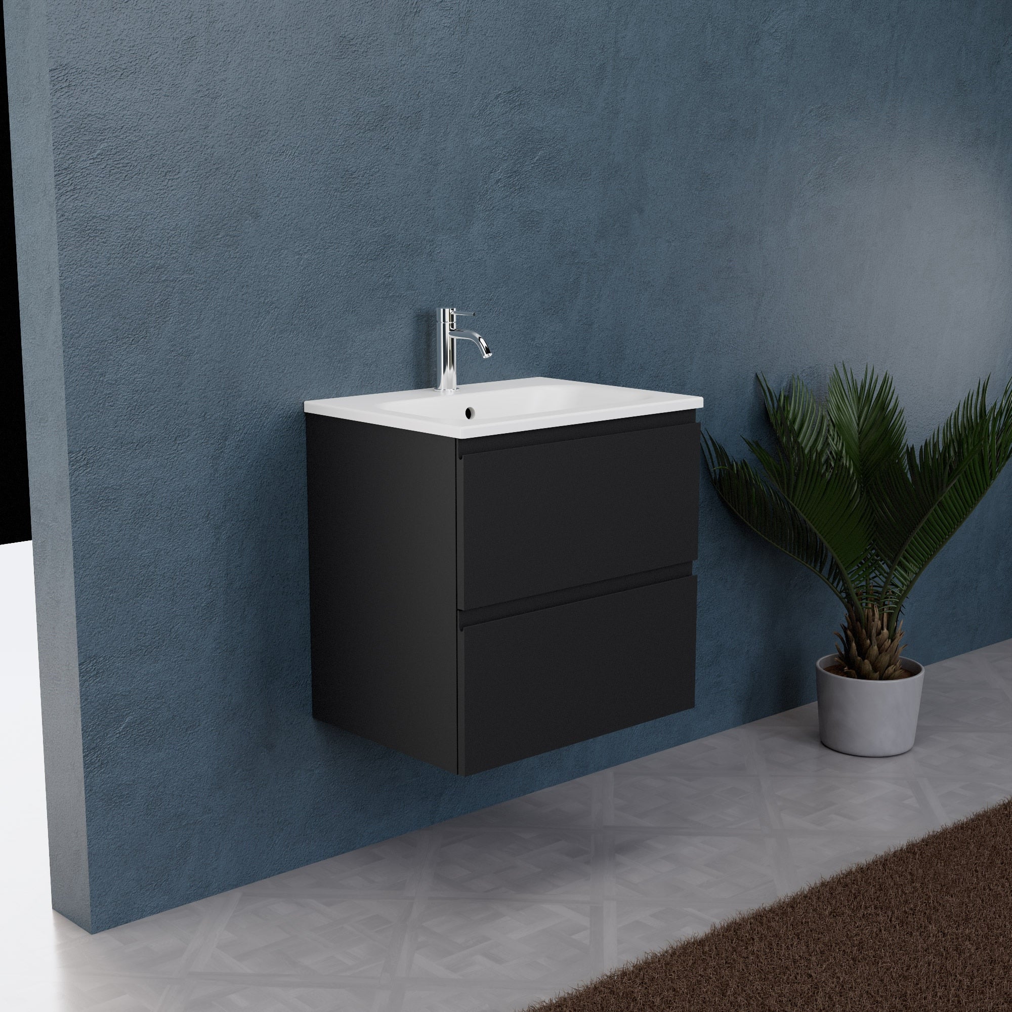 Inda - Mobile bagno L.60 con lavabo opaco / Nero opaco 2 cassetti - Rubino