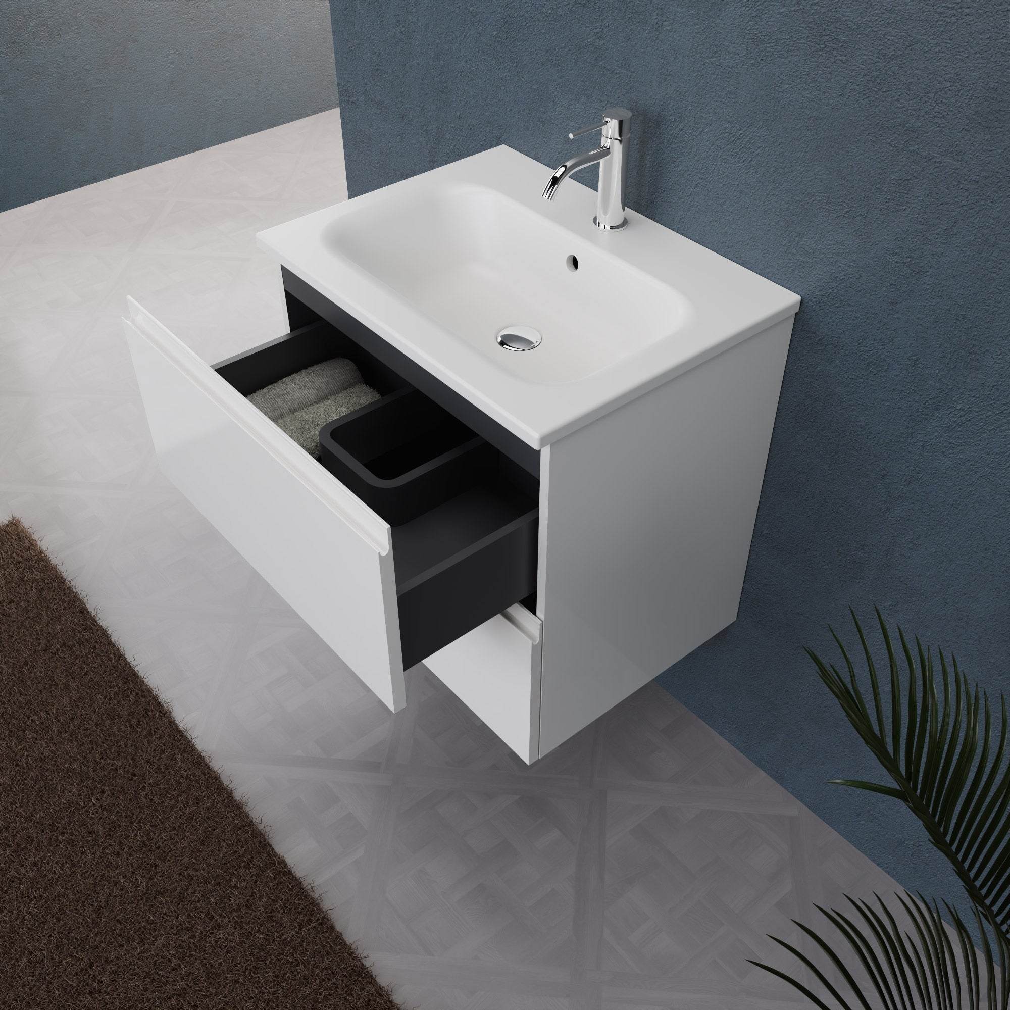 Inda - Mobile bagno L.60 con lavabo opaco / Bianco lucido 2 cassetti - Rubino