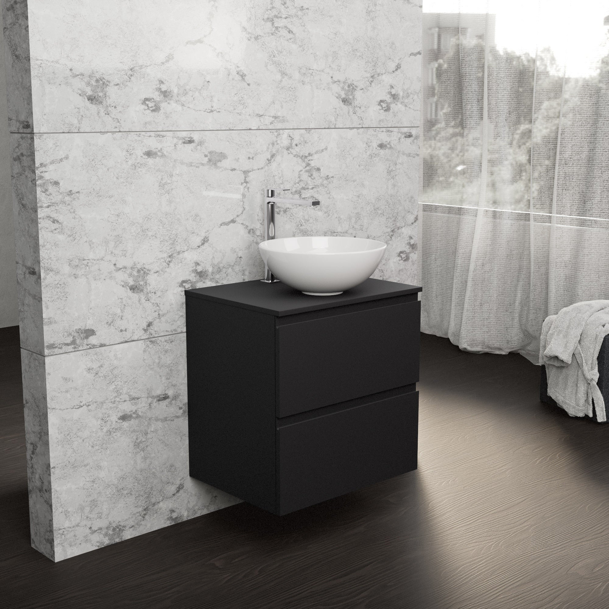 Inda - Mobile bagno L.60 con lavabo in appoggio / Nero opaco 2 cassetti - Rubino