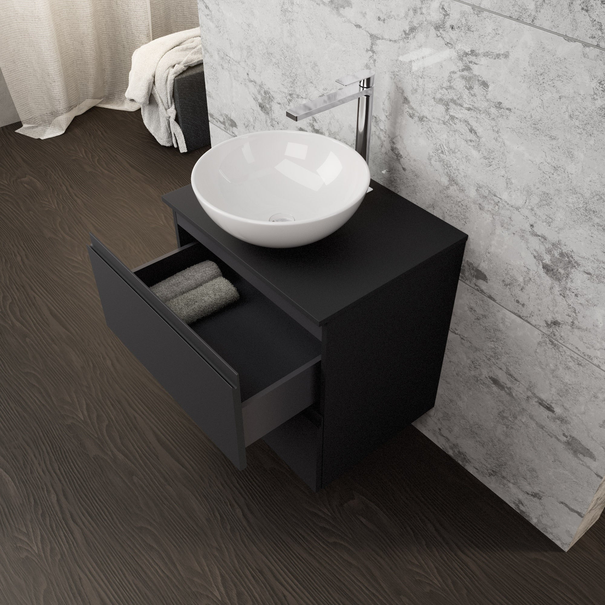 Inda - Mobile bagno L.60 con lavabo in appoggio / Nero opaco 2 cassetti - Rubino