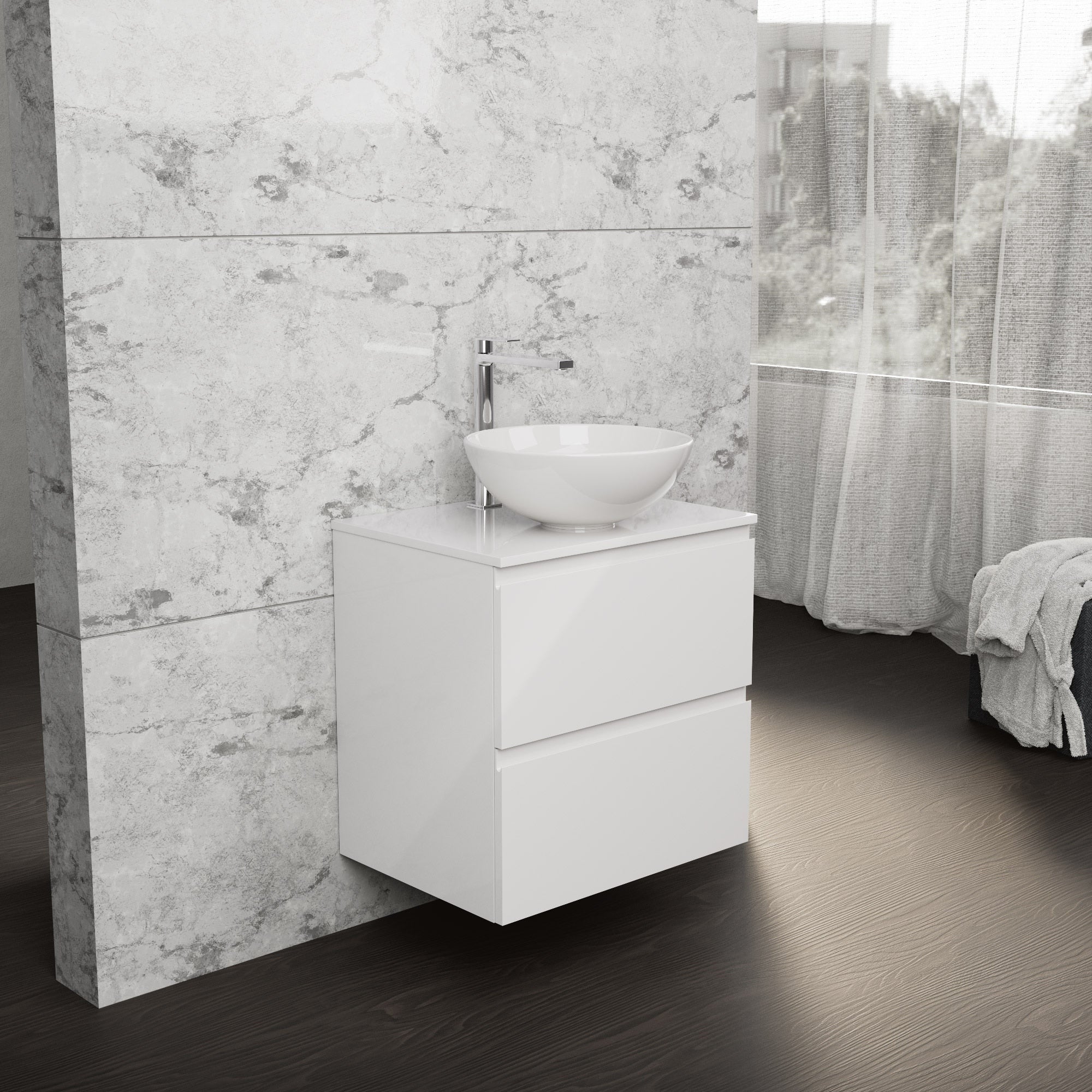 Inda - Mobile bagno L.60 con lavabo in appoggio / Bianco lucido 2 cassetti - Rubino