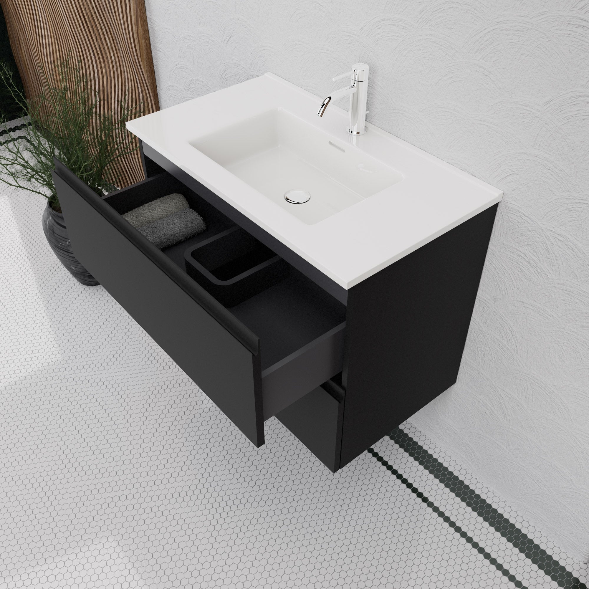 Inda - Mobile bagno L.80 con lavabo lucido / Nero opaco 2 cassetti - Rubino
