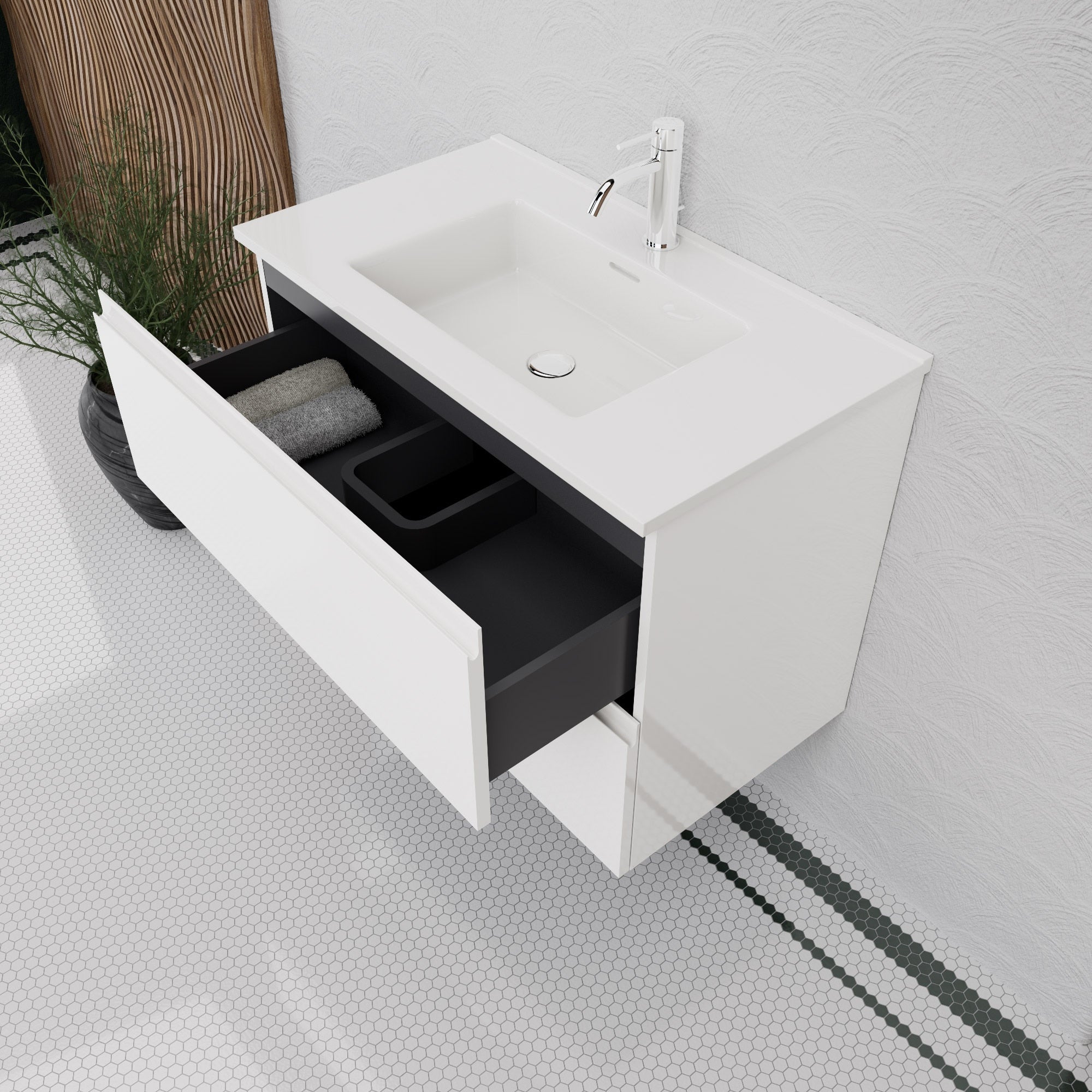Inda - Mobile bagno L.80 con lavabo lucido / Bianco lucido 2 cassetti - Rubino