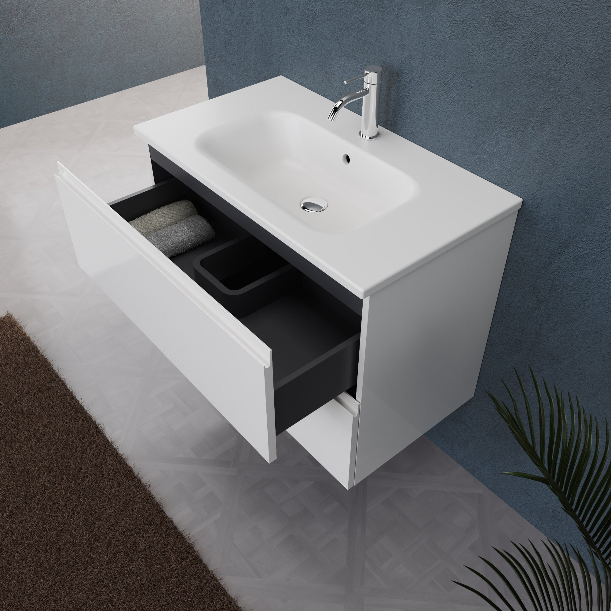 Inda - Mobile bagno L.80 con lavabo opaco / Bianco lucido 2 cassetti - Rubino