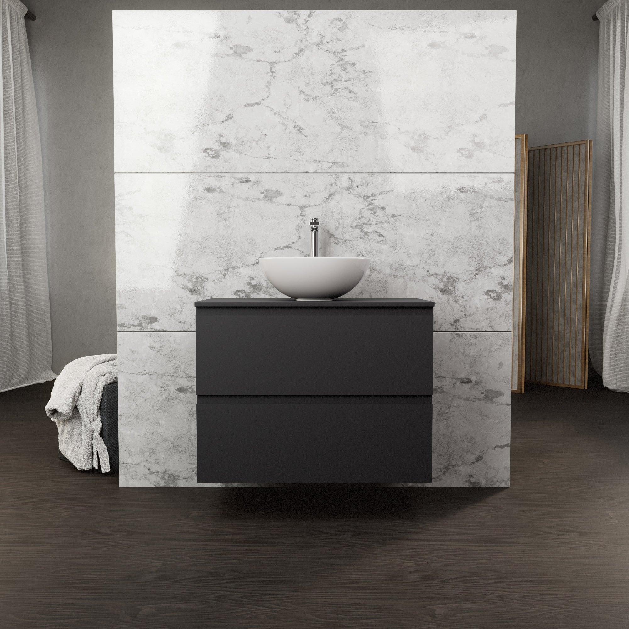 Inda - Mobile bagno L.80 con lavabo in appoggio / Nero opaco 2 cassetti - Rubino