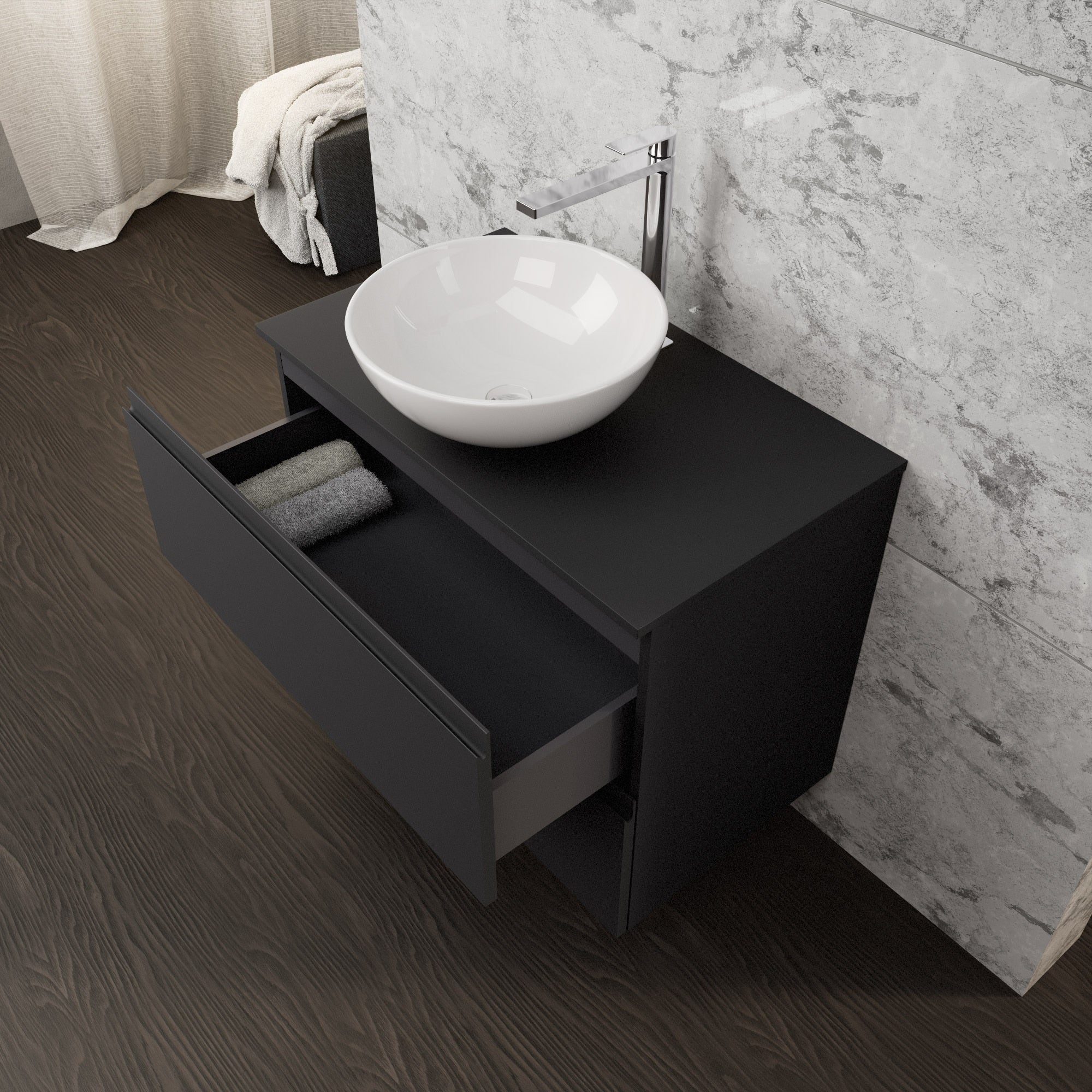 Inda - Mobile bagno L.80 con lavabo in appoggio / Nero opaco 2 cassetti - Rubino