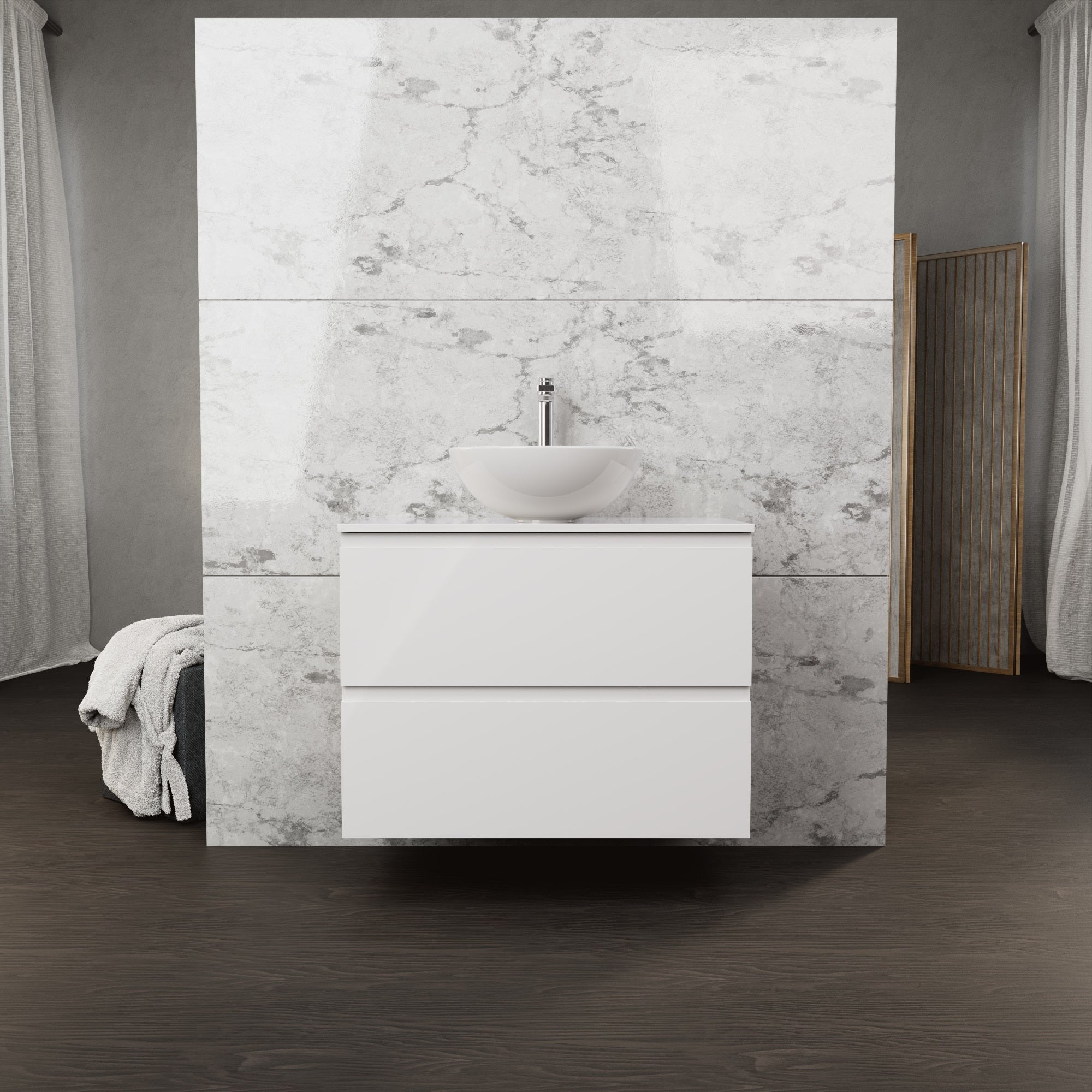 Inda - Mobile bagno L.80 con lavabo in appoggio / Bianco lucido 2 cassetti - Rubino