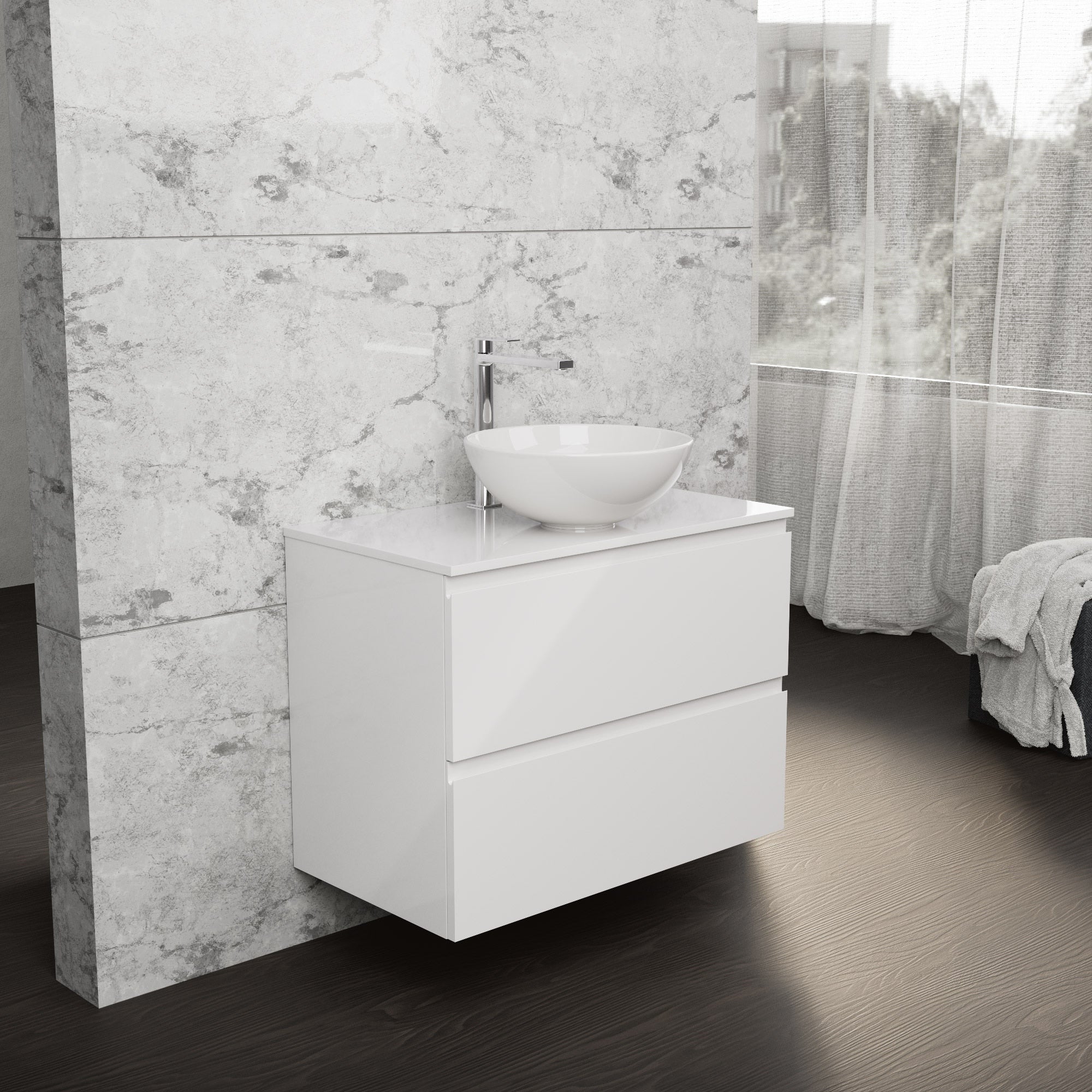 Inda - Mobile bagno L.80 con lavabo in appoggio / Bianco lucido 2 cassetti - Rubino