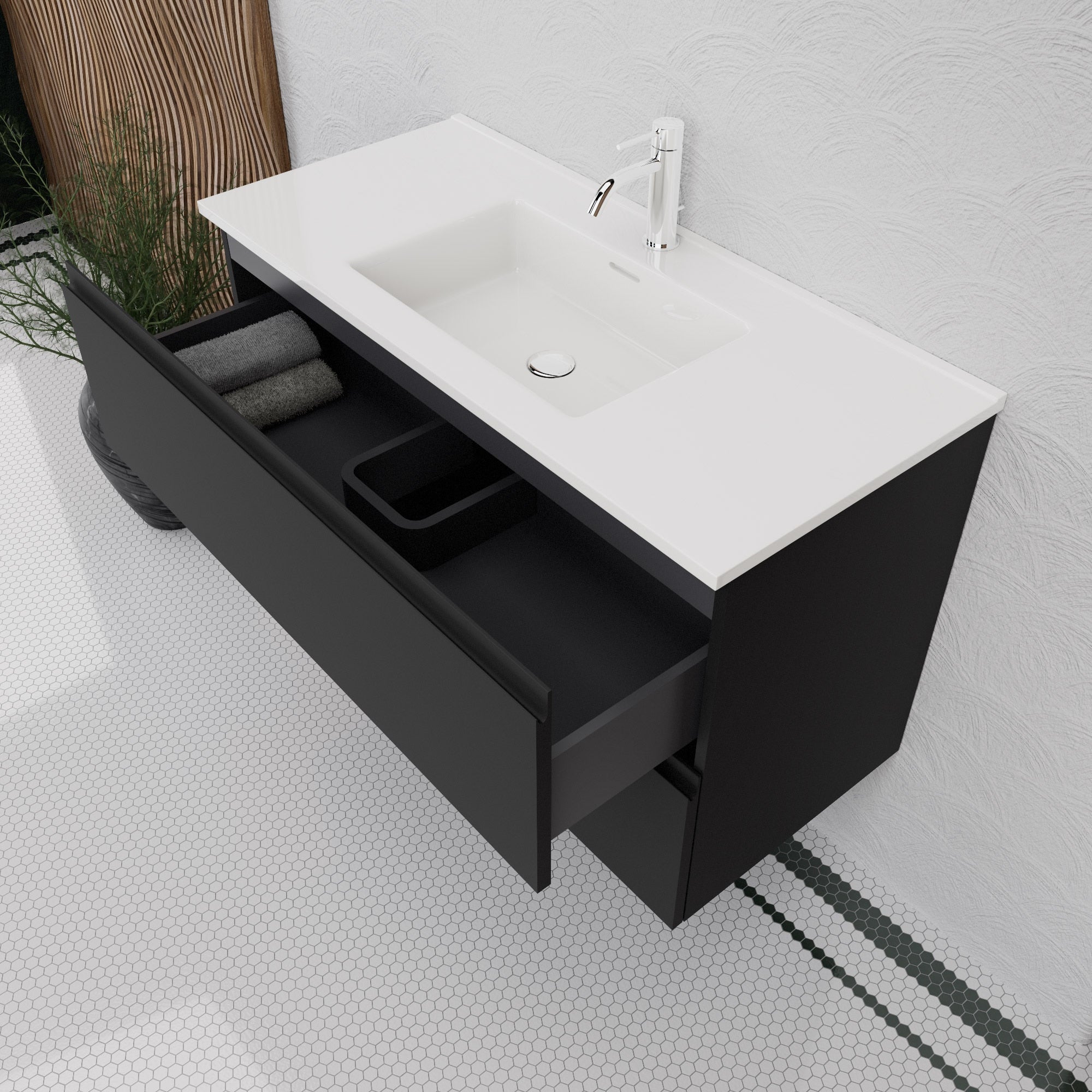 Inda - Mobile bagno L.100 con lavabo lucido / Nero opaco 2 cassetti - Rubino
