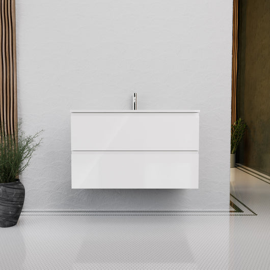 Inda - Mobile bagno L.100 con lavabo lucido / Bianco lucido 2 cassetti - Rubino