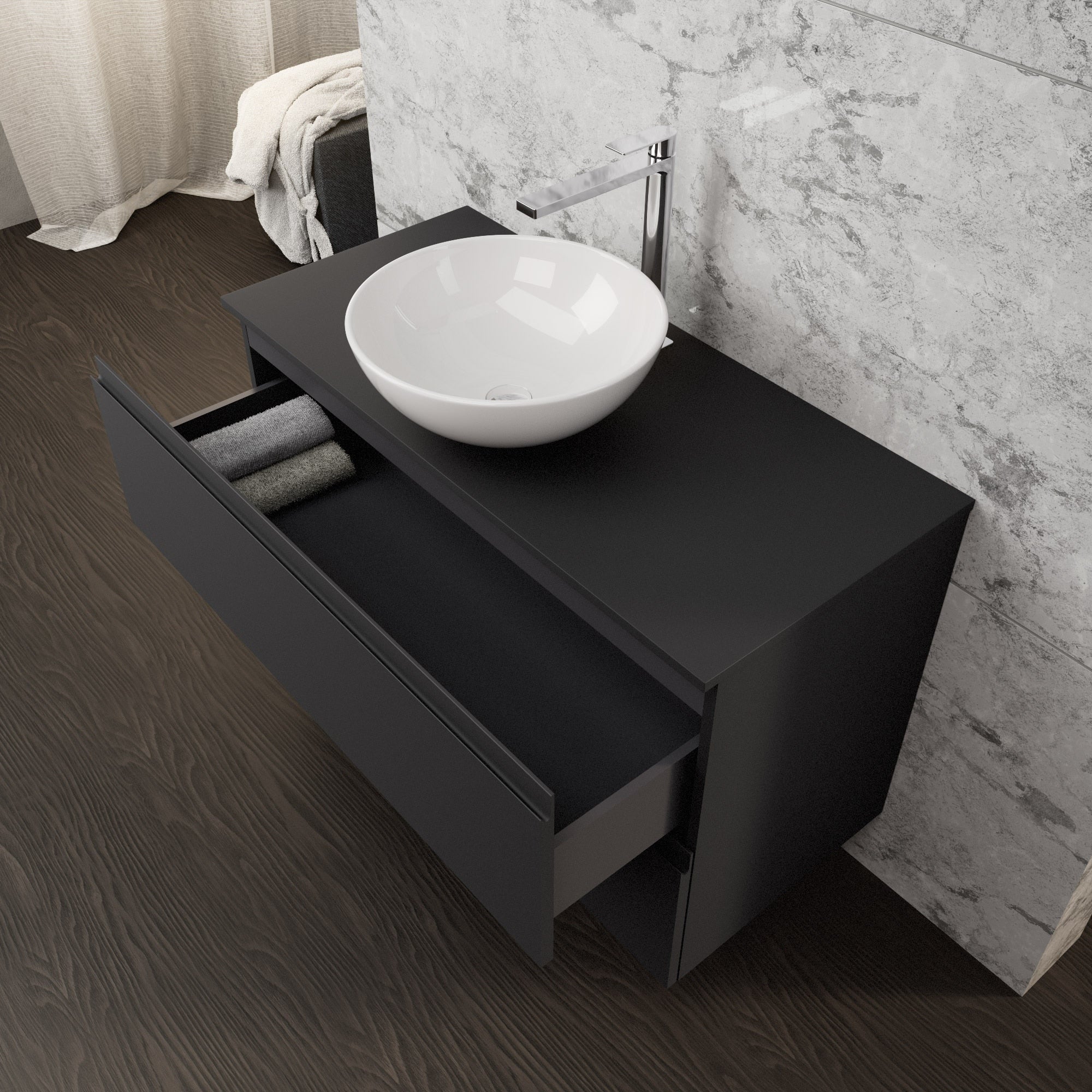 Inda - Mobile bagno L.100 con lavabo in appoggio / Nero opaco 2 cassetti - Rubino