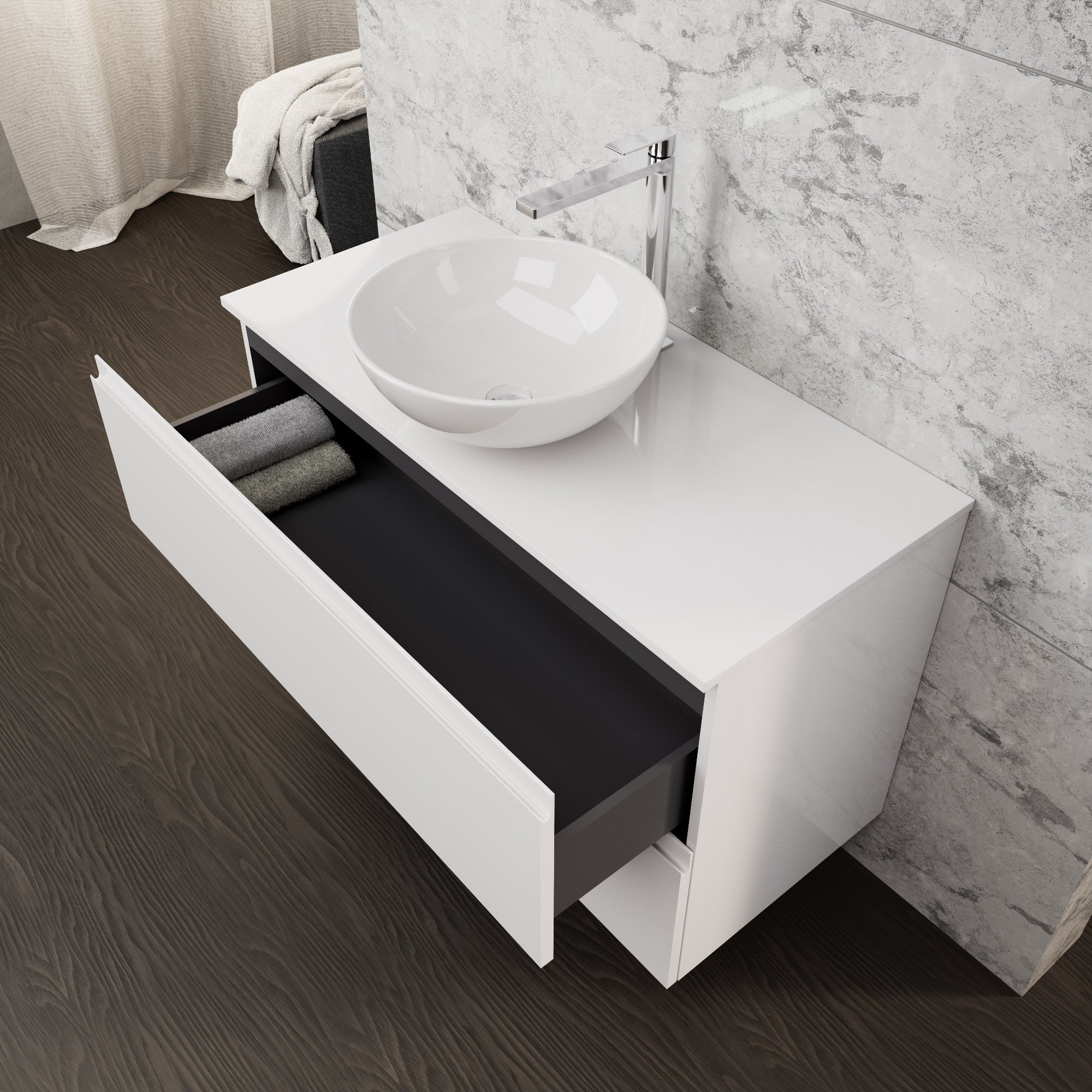 Inda - Mobile bagno L.100 con lavabo in appoggio / Bianco lucido 2 cassetti - Rubino