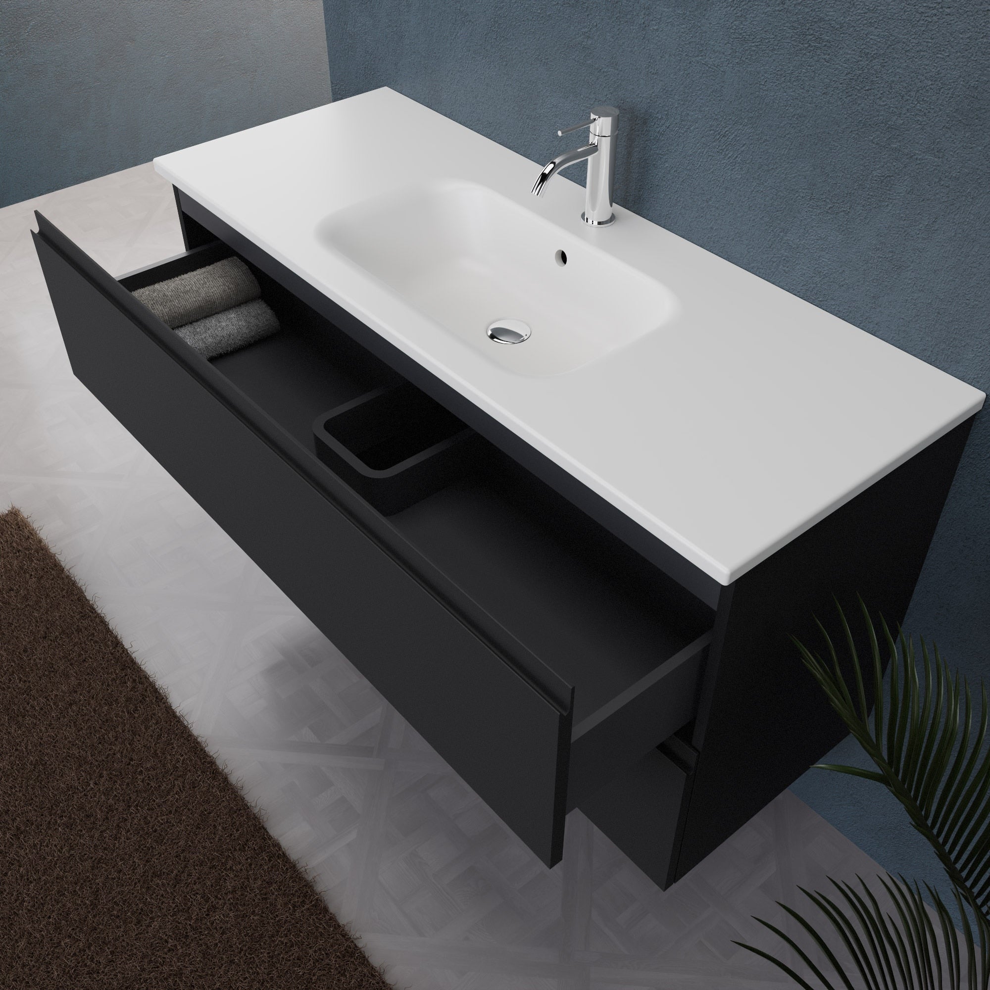 Inda - Mobile bagno L.120 con lavabo opaco / Nero opaco 2 cassetti - Rubino