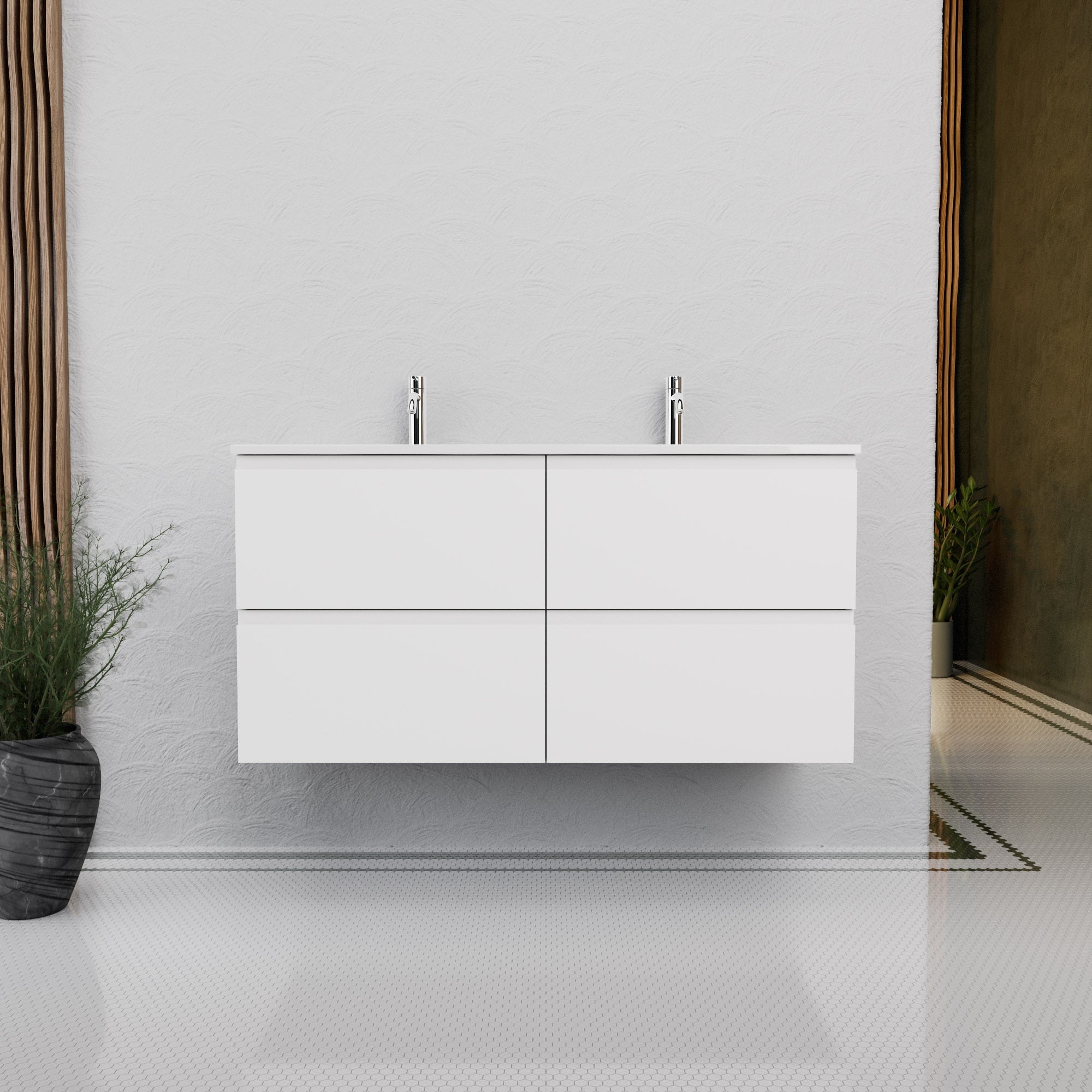 Inda - Mobile bagno L.120 con doppio lavabo lucido / Bianco opaco 4 cassetti - Rubino