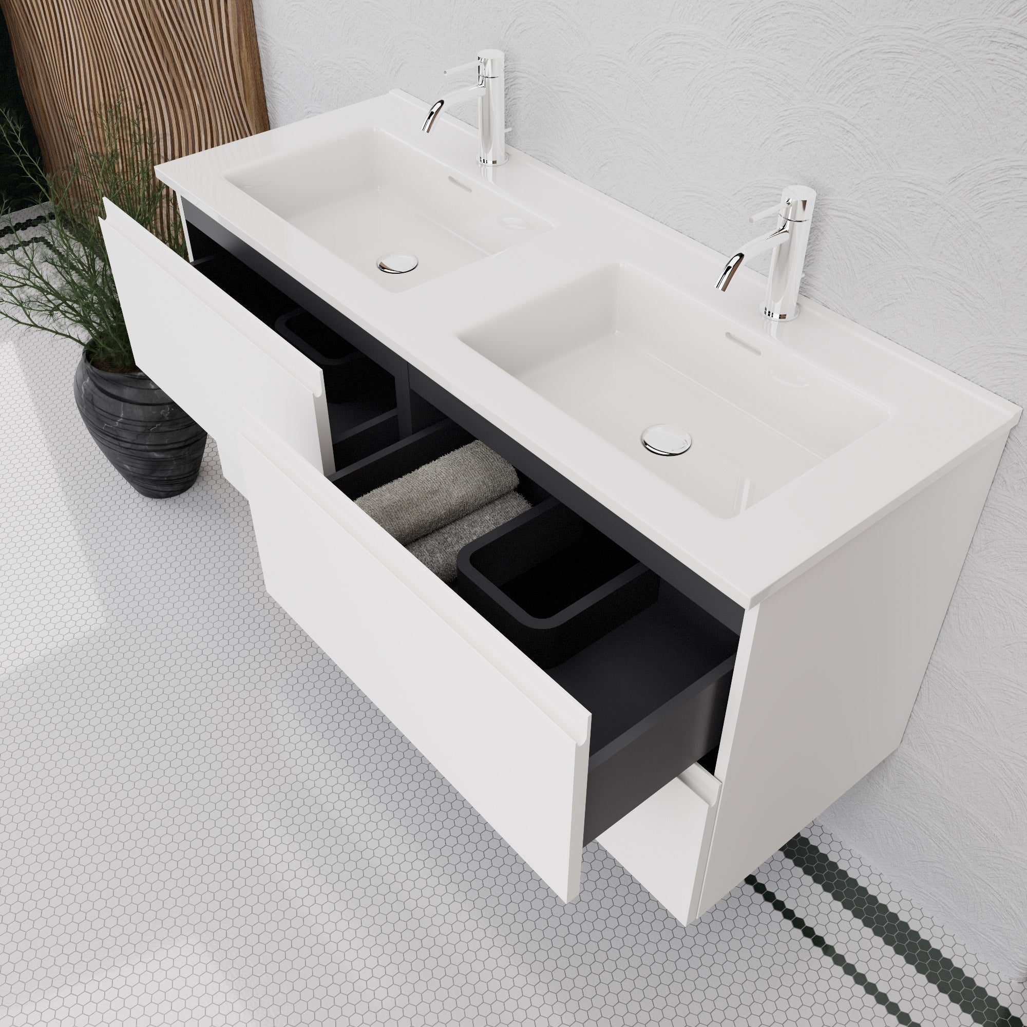 Inda - Mobile bagno L.120 con doppio lavabo lucido / Bianco opaco 4 cassetti - Rubino