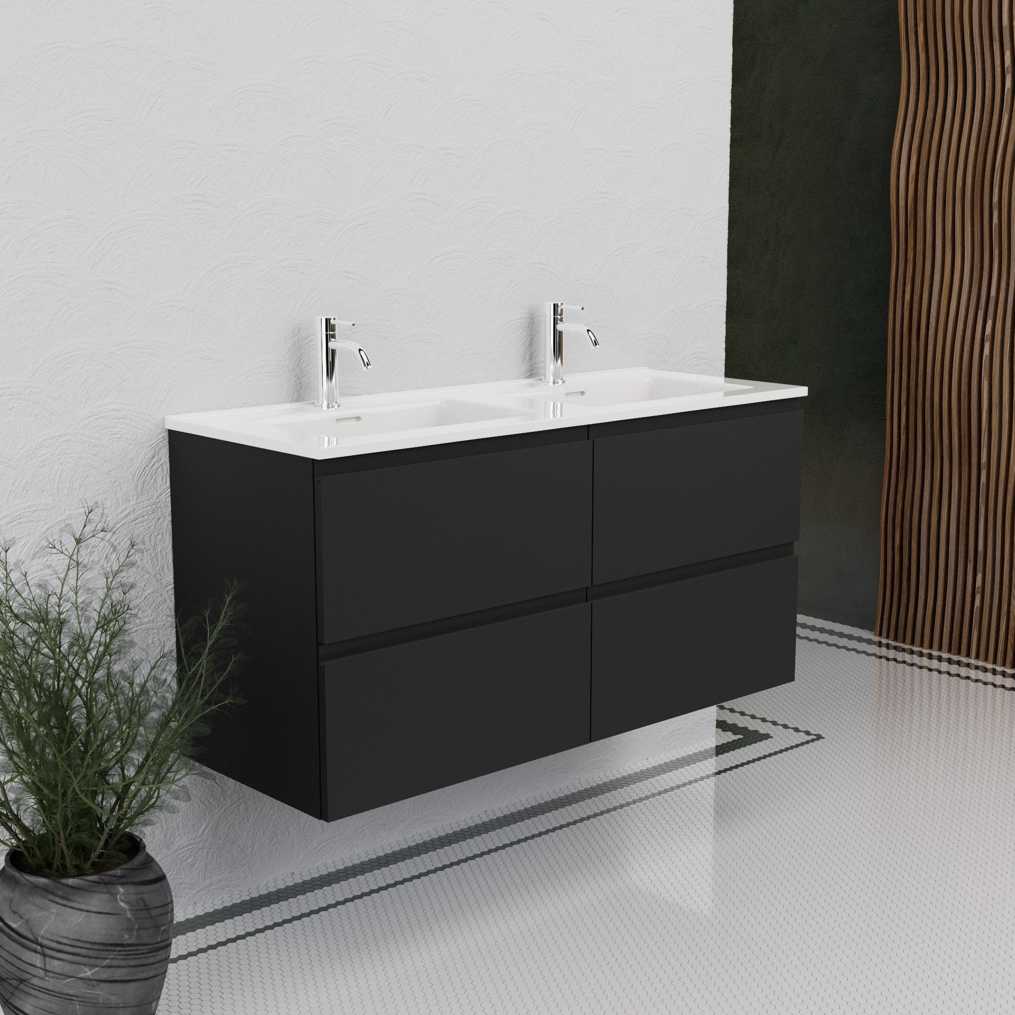 Inda - Mobile bagno L.120 con doppio lavabo lucido / Nero opaco 4 cassetti - Rubino