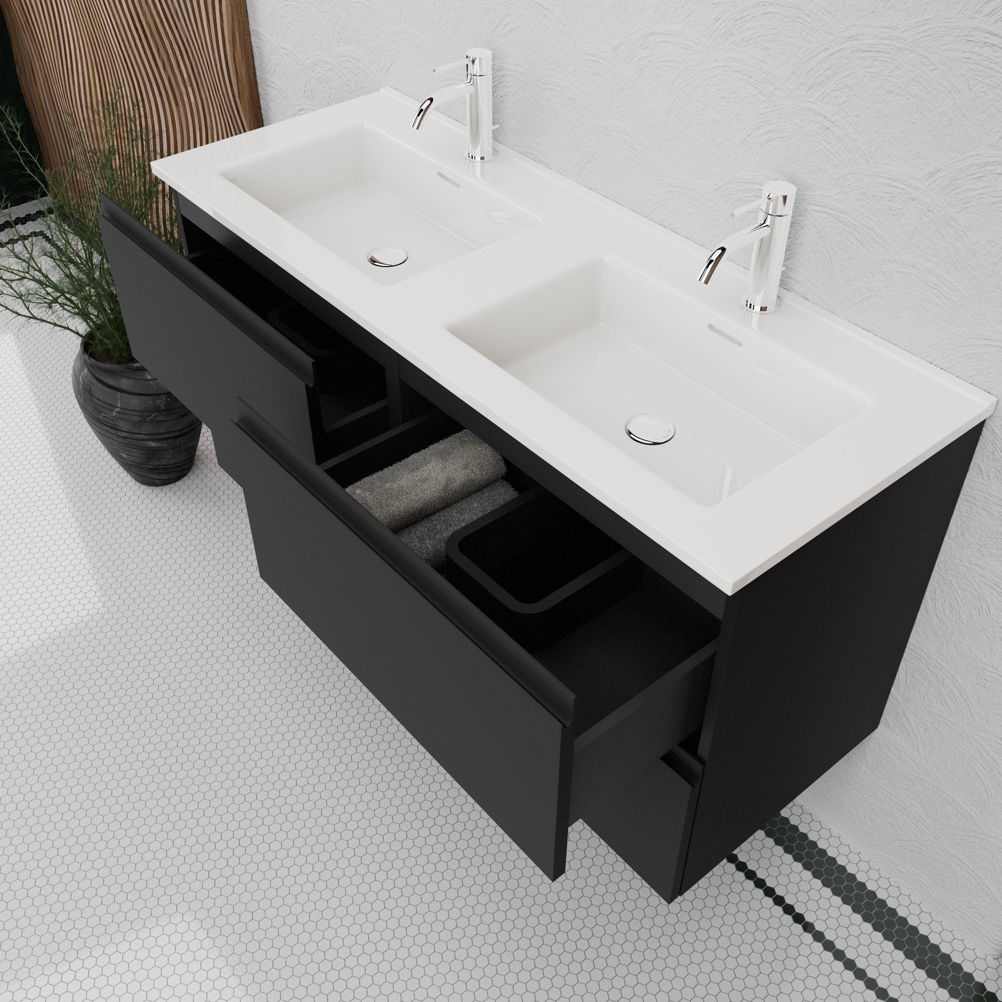 Inda - Mobile bagno L.120 con doppio lavabo lucido / Nero opaco 4 cassetti - Rubino