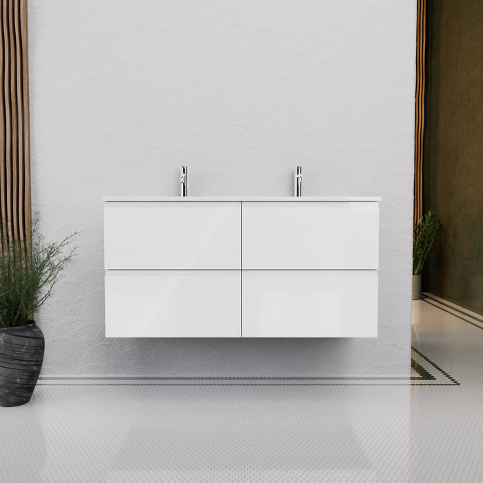 Inda - Mobile bagno L.120 con doppio lavabo lucido / Bianco lucido 4 cassetti - Rubino