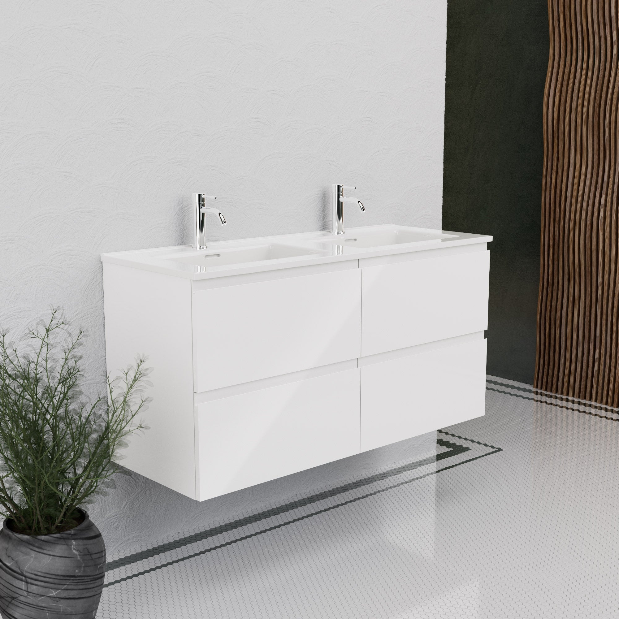 Inda - Mobile bagno L.120 con doppio lavabo lucido / Bianco lucido 4 cassetti - Rubino