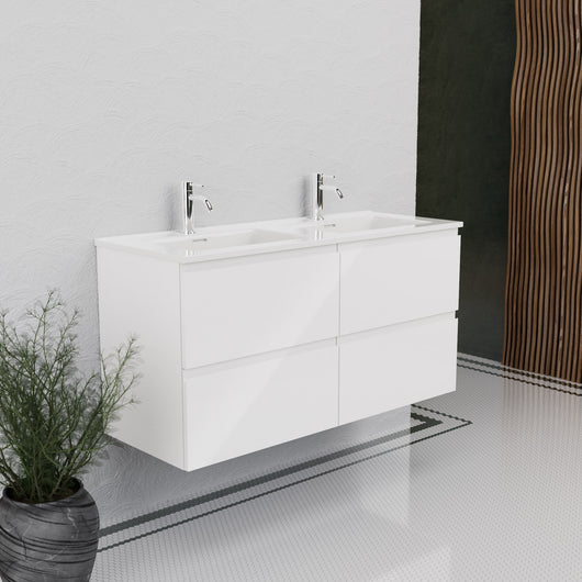 Inda - Mobile bagno L.120 con doppio lavabo lucido / Bianco lucido 4 cassetti - Rubino