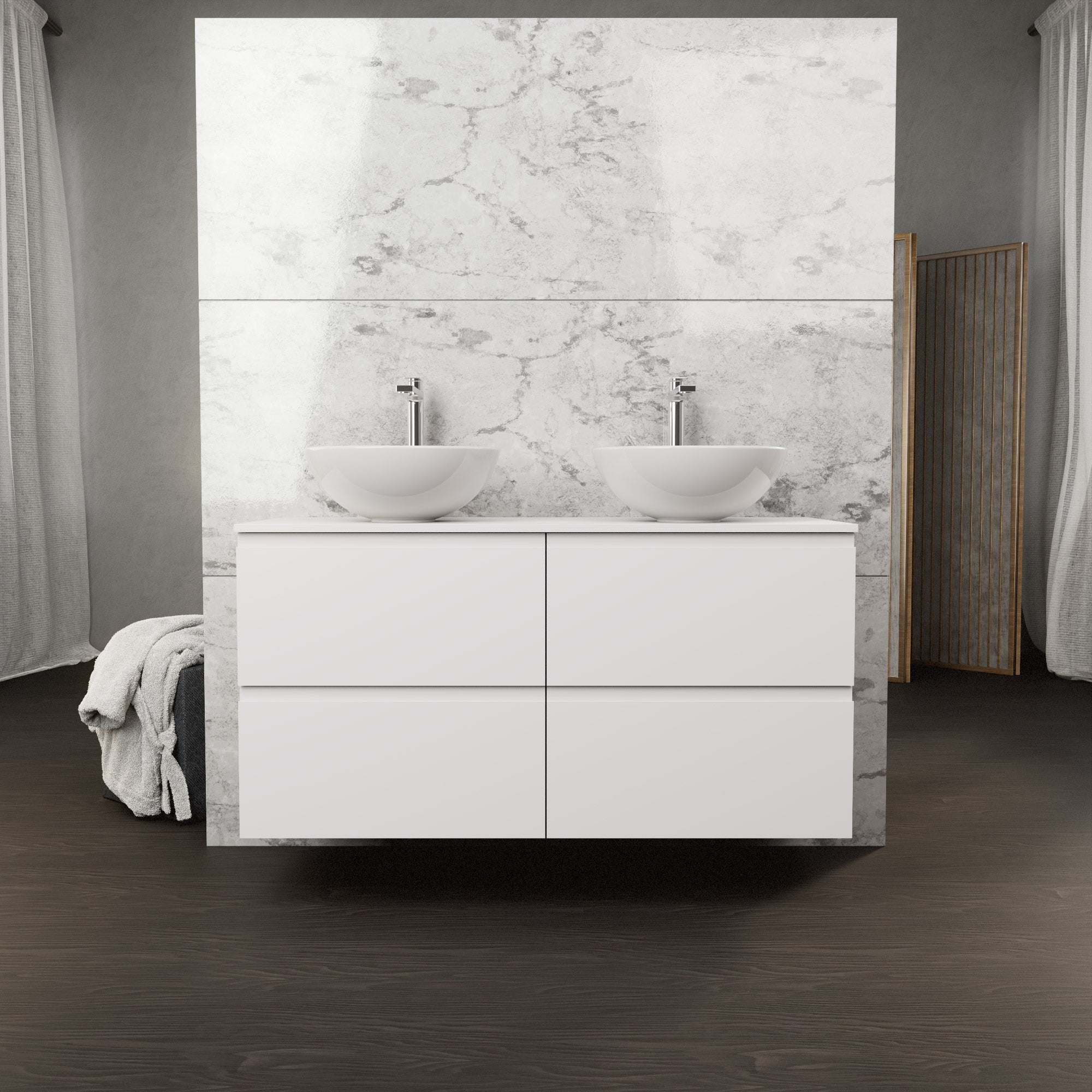 Inda - Mobile bagno L.120 con doppio lavabo in appoggio / Bianco opaco 4 cassetti - Rubino