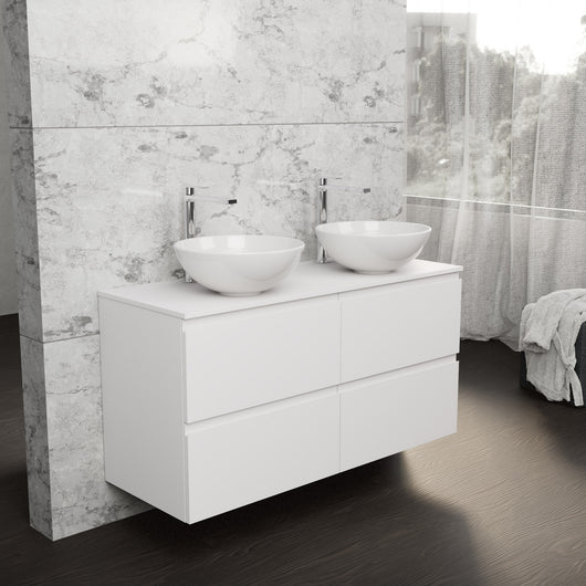 Inda - Mobile bagno L.120 con doppio lavabo in appoggio / Bianco opaco 4 cassetti - Rubino