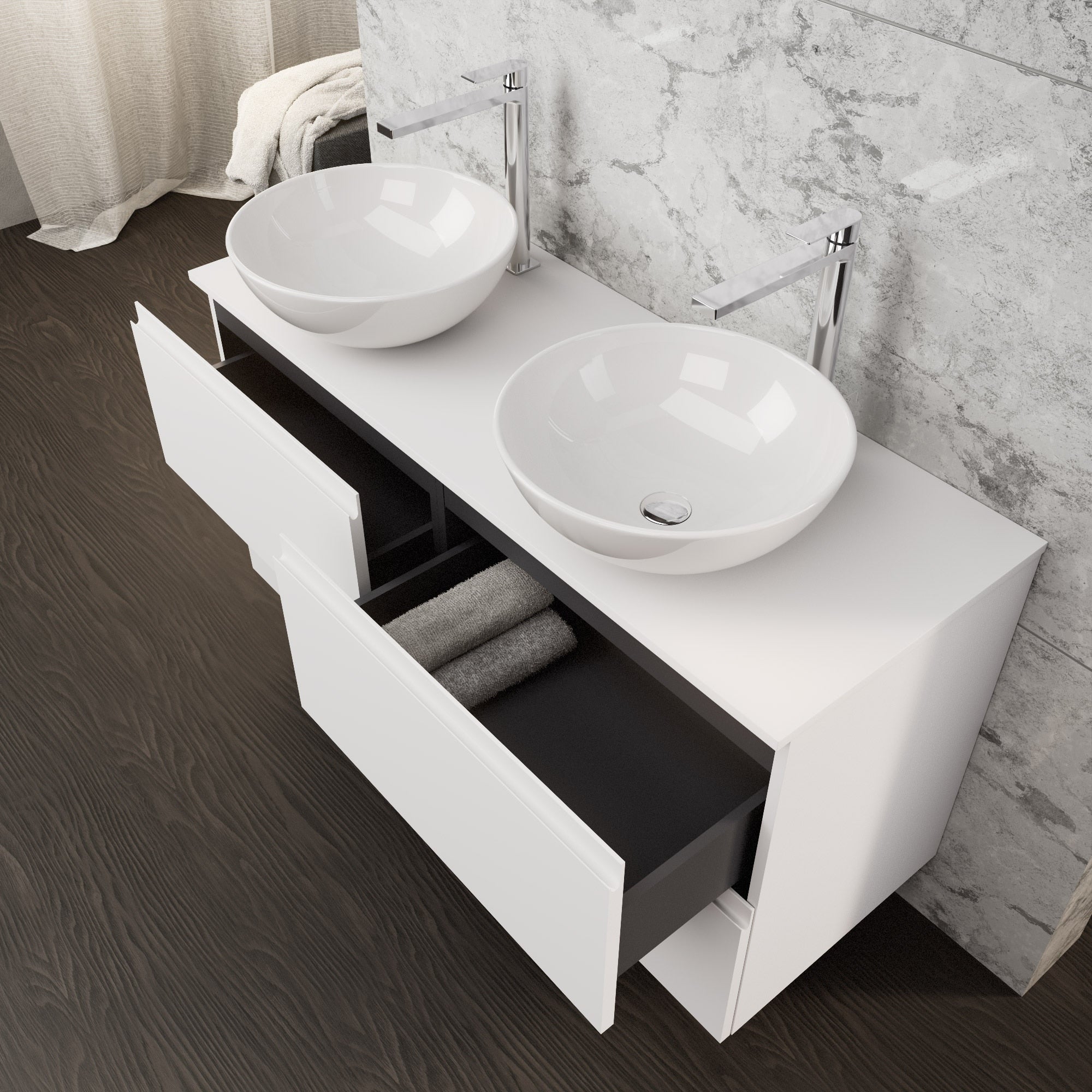 Inda - Mobile bagno L.120 con doppio lavabo in appoggio / Bianco opaco 4 cassetti - Rubino