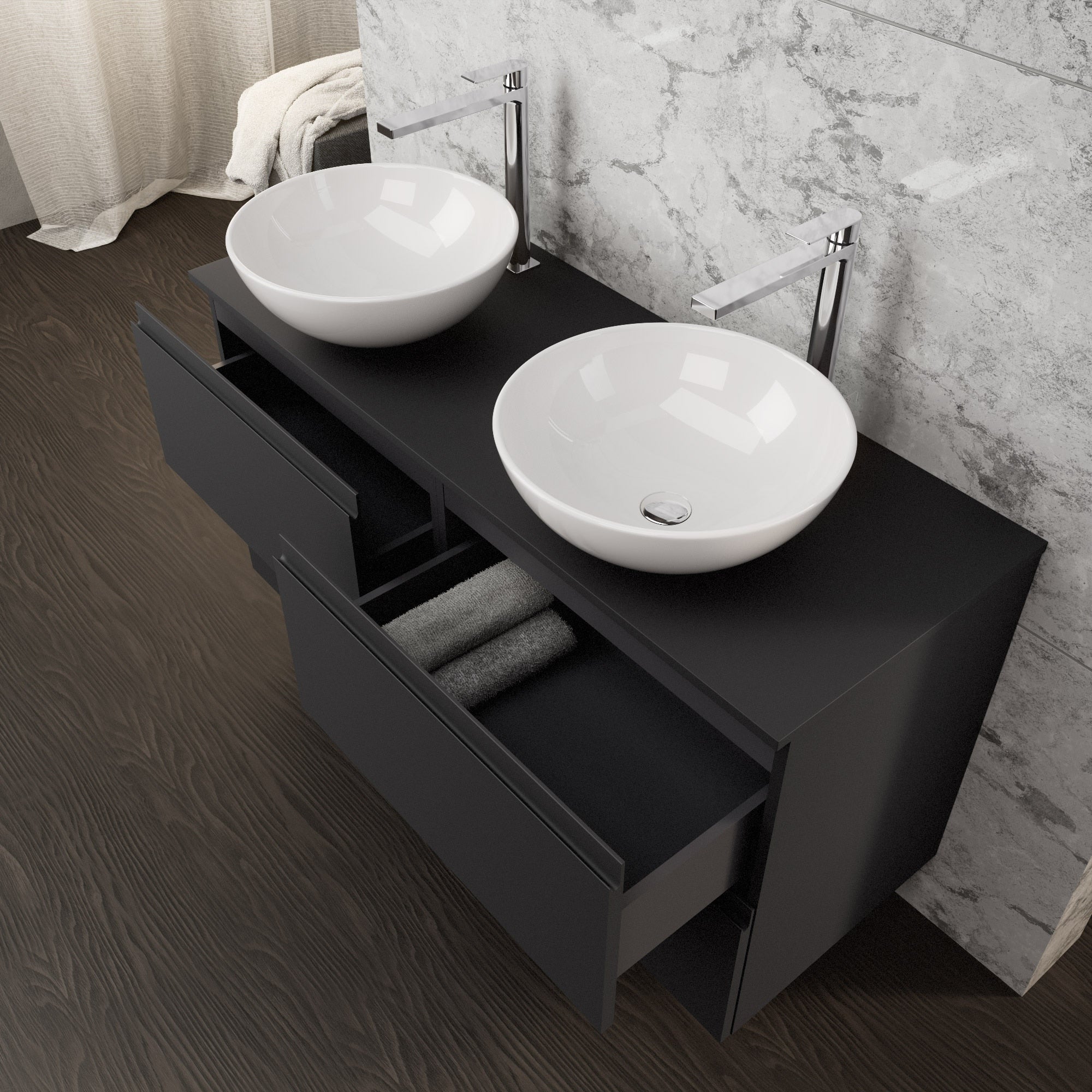 Inda - Mobile bagno L.120 con doppio lavabo in appoggio / Nero opaco 4 cassetti - Rubino