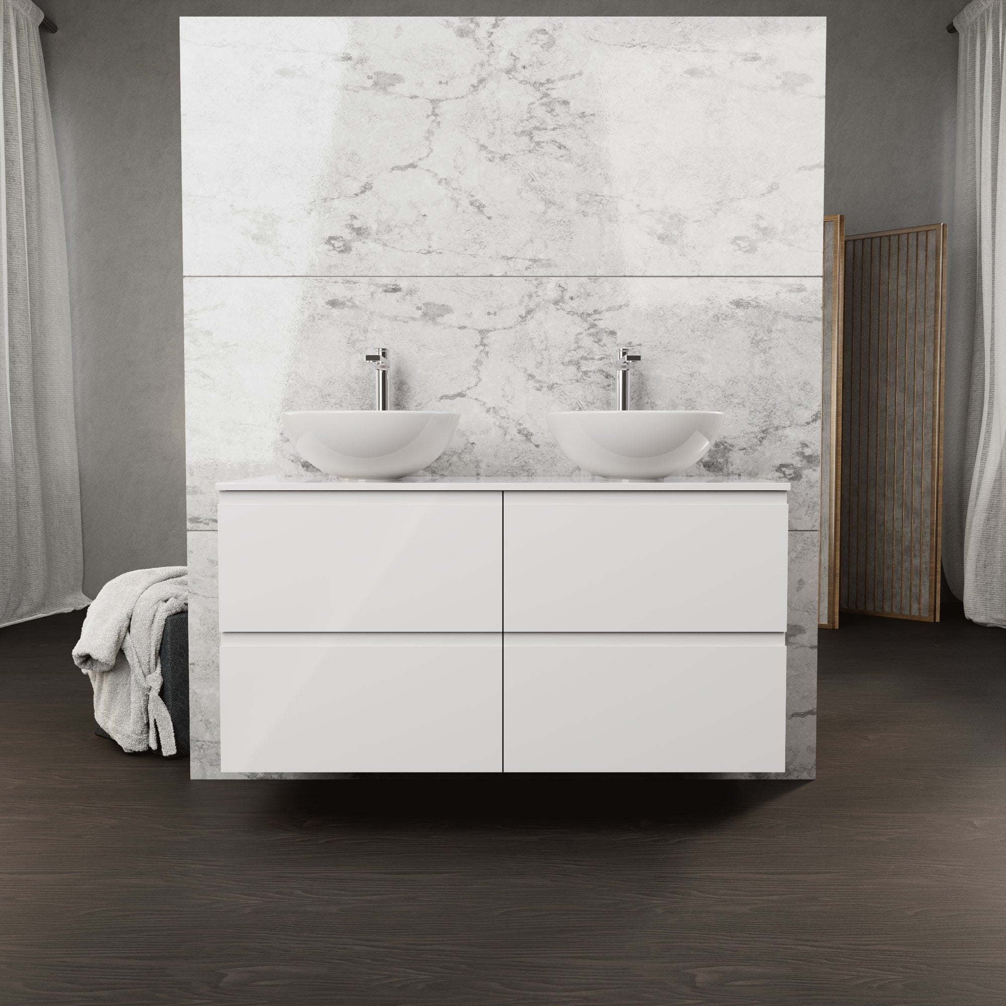 Inda - Mobile bagno L.120 con doppio lavabo in appoggio / Bianco lucido 4 cassetti - Rubino
