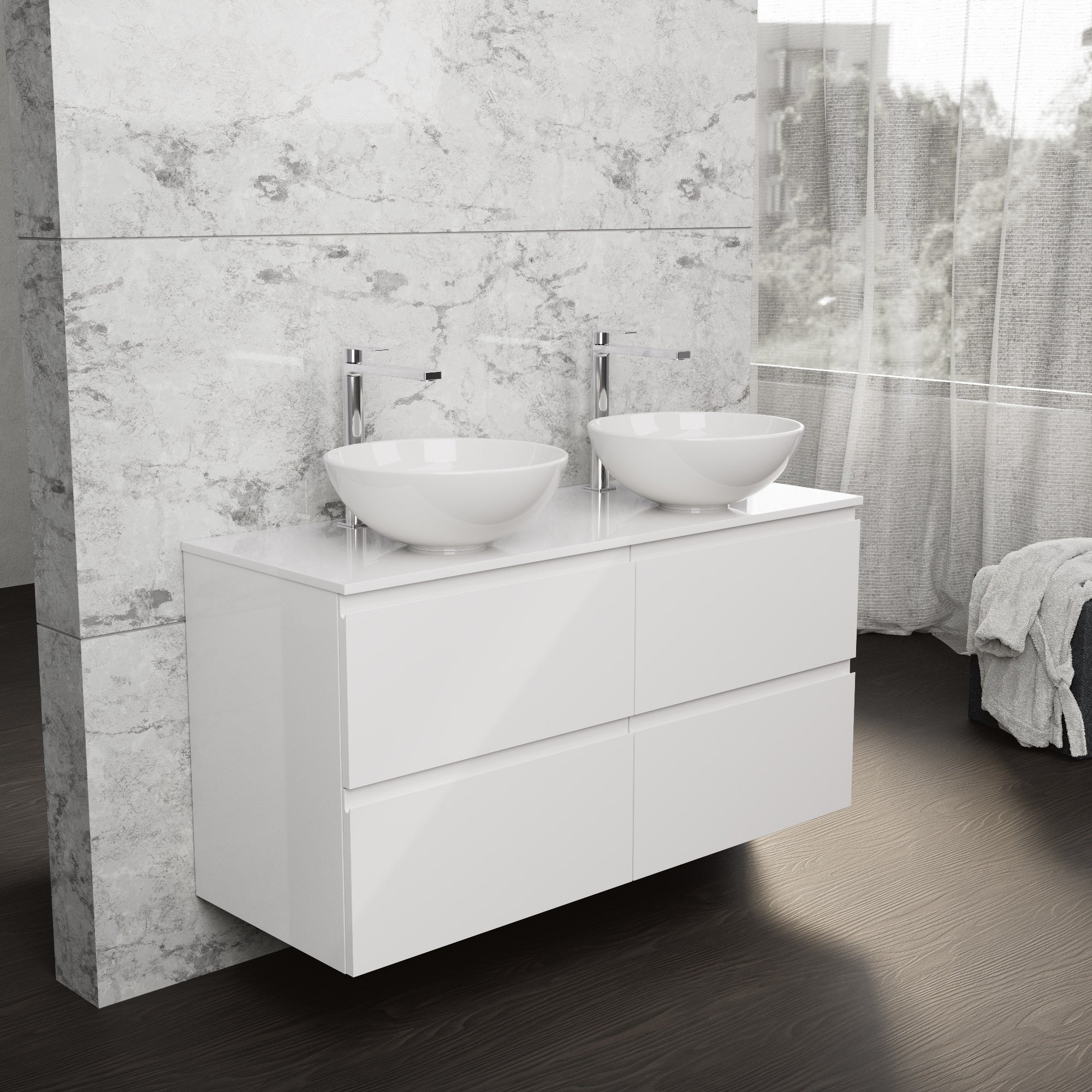 Inda - Mobile bagno L.120 con doppio lavabo in appoggio / Bianco lucido 4 cassetti - Rubino