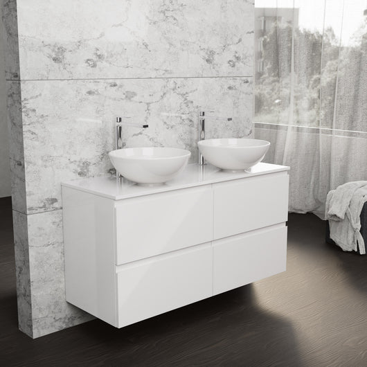 Inda - Mobile bagno L.120 con doppio lavabo in appoggio / Bianco lucido 4 cassetti - Rubino