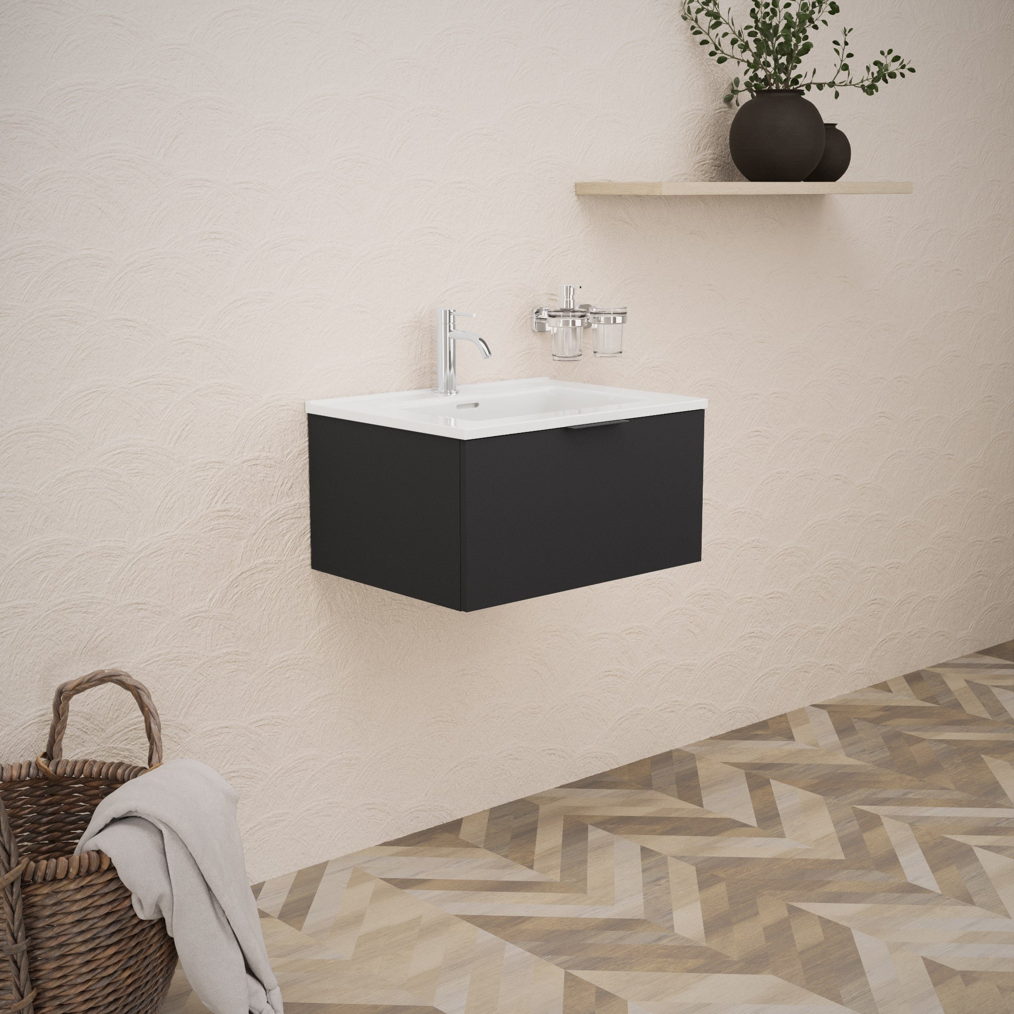 Inda - Mobile bagno L.60 con lavabo lucido / Nero opaco 1 cassetto - Topazio